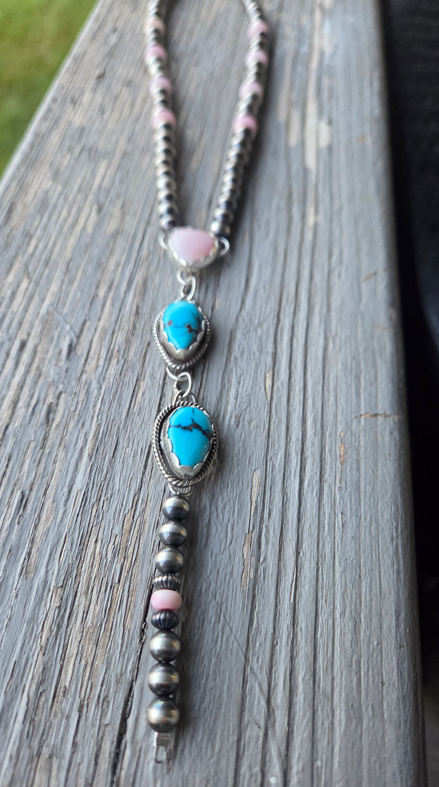 Pink Conch & Sterling Silver Navajo Style Pearls • Heart Pink Conch • Egyptian Turquoise  16 inches