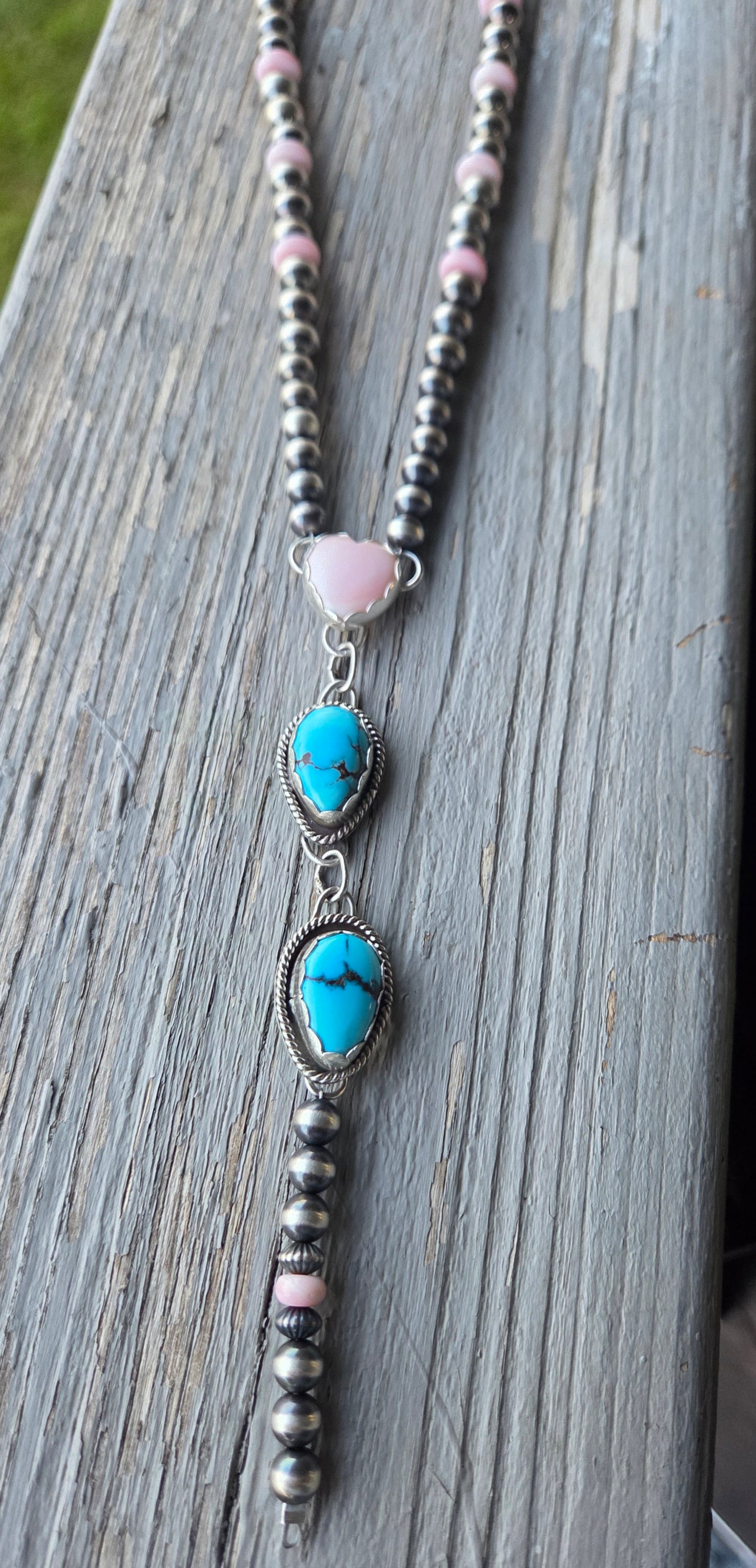 Pink Conch & Sterling Silver Navajo Style Pearls • Heart Pink Conch • Egyptian Turquoise  16 inches