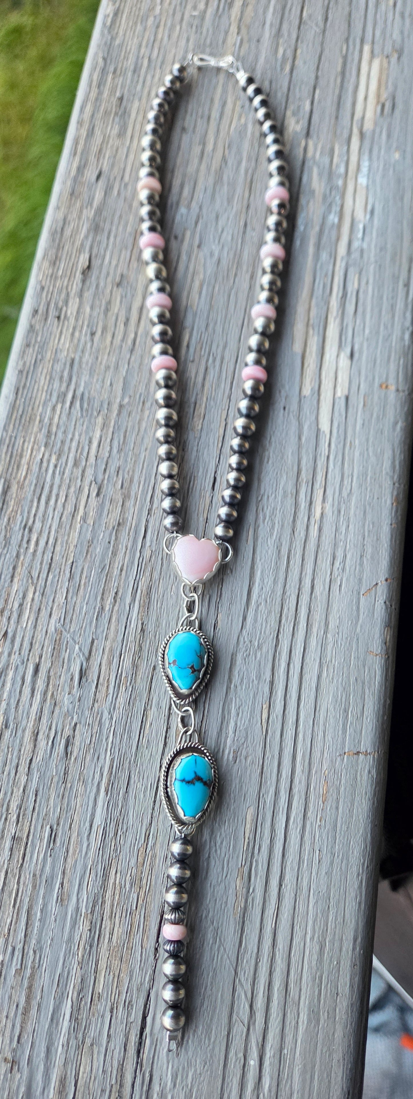 Pink Conch & Sterling Silver Navajo Style Pearls • Heart Pink Conch • Egyptian Turquoise  16 inches