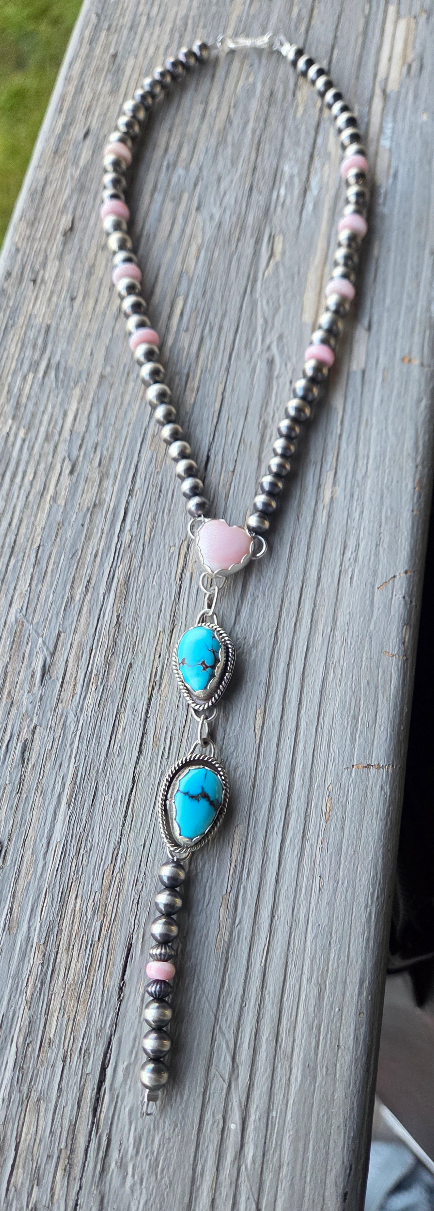 Pink Conch & Sterling Silver Navajo Style Pearls • Heart Pink Conch • Egyptian Turquoise  16 inches