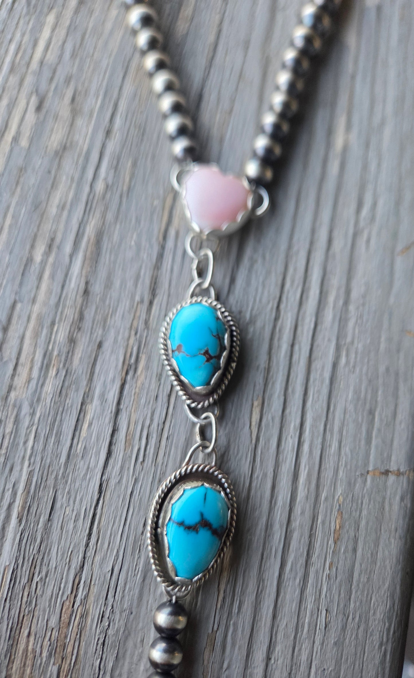 Pink Conch & Sterling Silver Navajo Style Pearls • Heart Pink Conch • Egyptian Turquoise  16 inches