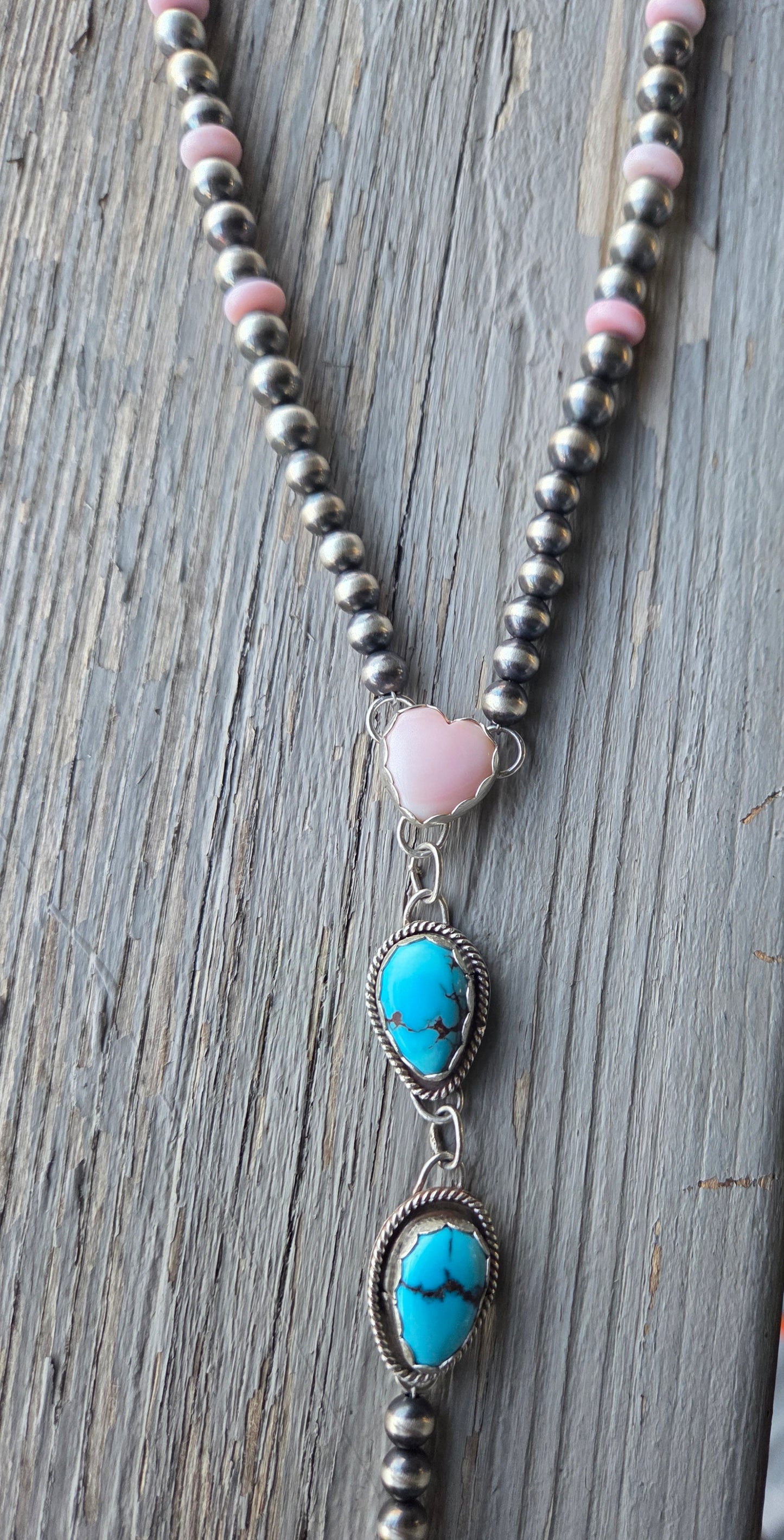 Pink Conch & Sterling Silver Navajo Style Pearls • Heart Pink Conch • Egyptian Turquoise  16 inches