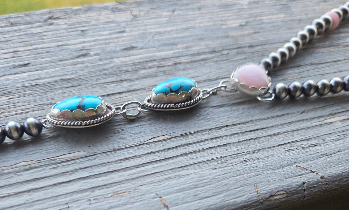 Pink Conch & Sterling Silver Navajo Style Pearls • Heart Pink Conch • Egyptian Turquoise  16 inches