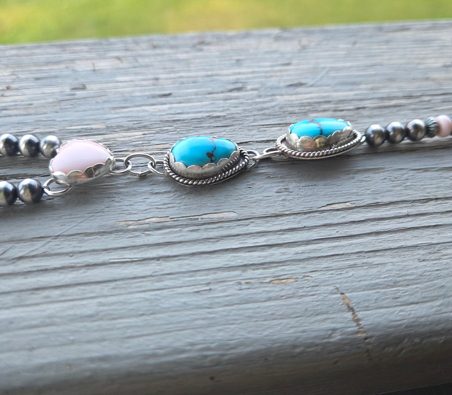 Pink Conch & Sterling Silver Navajo Style Pearls • Heart Pink Conch • Egyptian Turquoise  16 inches