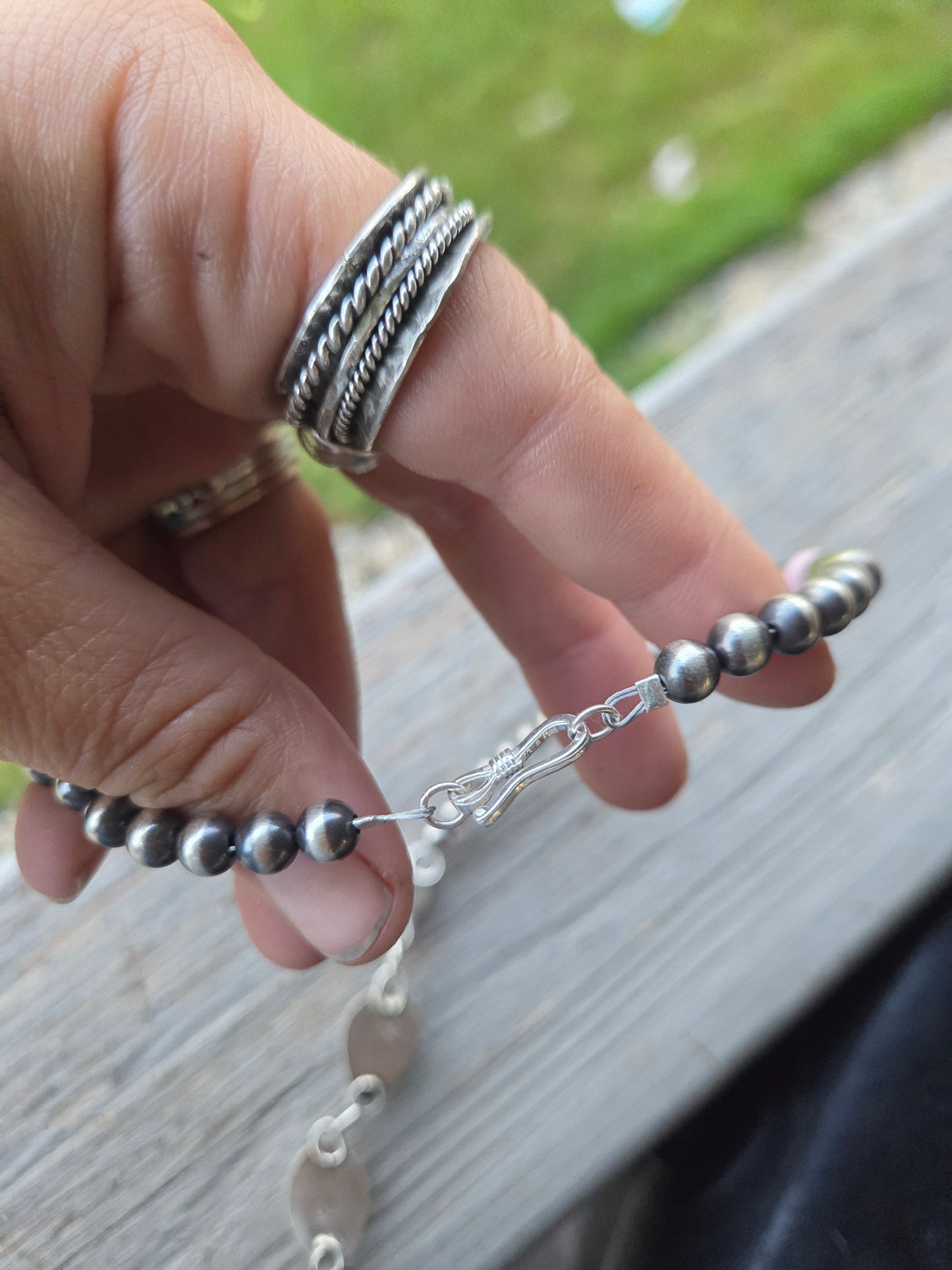 Pink Conch & Sterling Silver Navajo Style Pearls • Heart Pink Conch • Egyptian Turquoise  16 inches