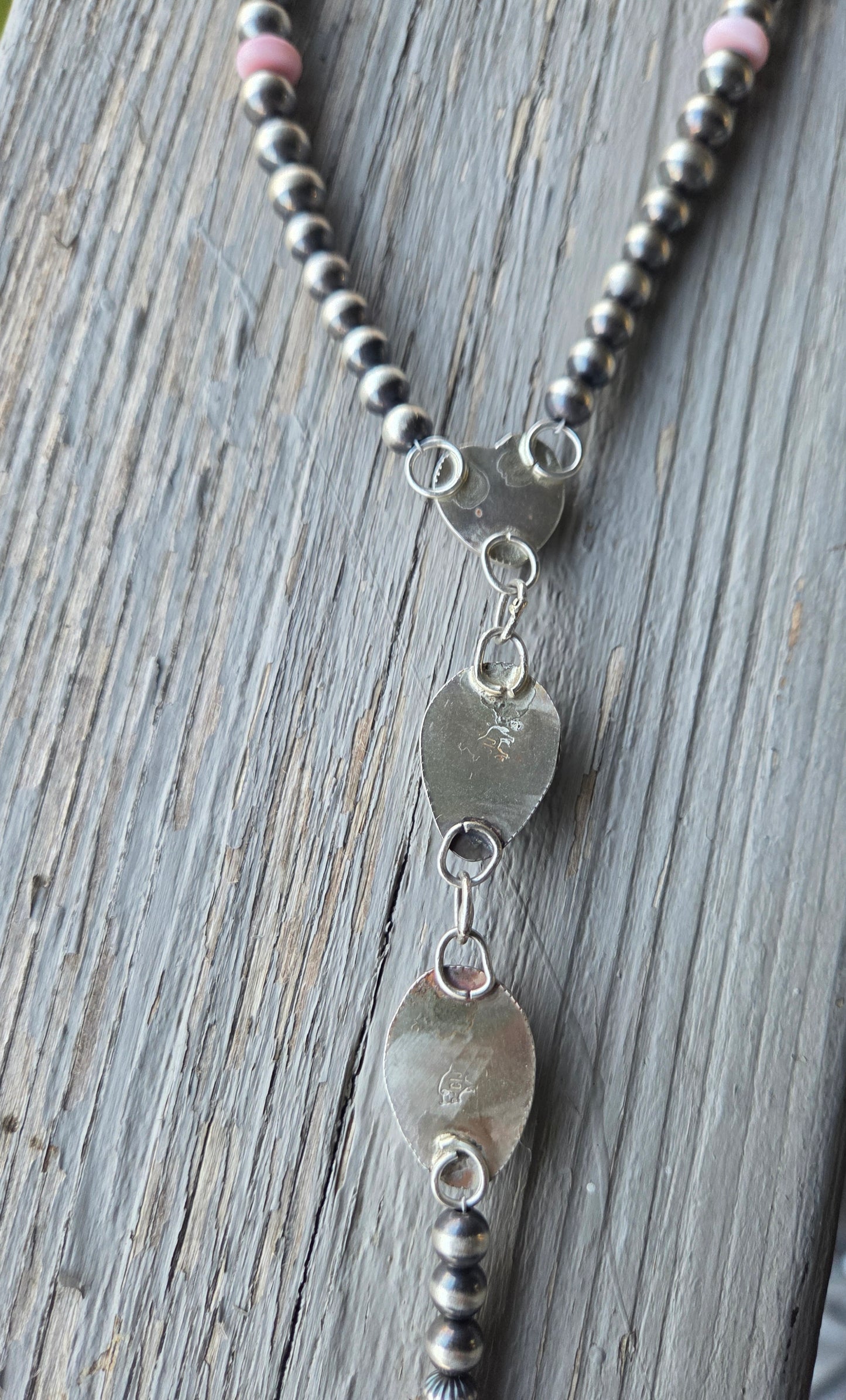 Pink Conch & Sterling Silver Navajo Style Pearls • Heart Pink Conch • Egyptian Turquoise  16 inches