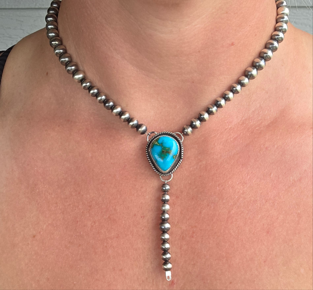 Sterling Silver Navajo Style Pearls • Sonoran Turquoise  16 inches