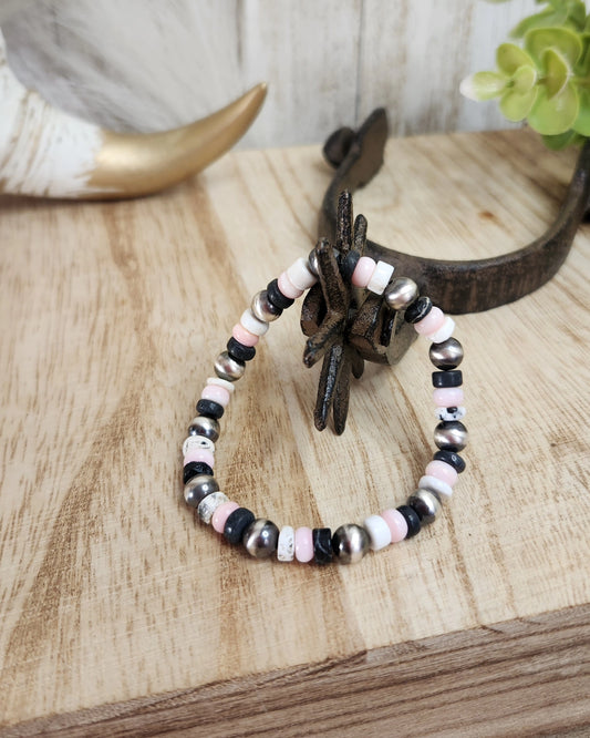 Pink Conch, White Buffalo Turquoise & Sterling Silver Navajo Style Pearls.  Stretch Bracelet