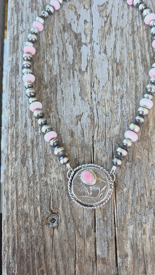 Buffalo Coin  & Pink Conch • Sterling Silver Pearls