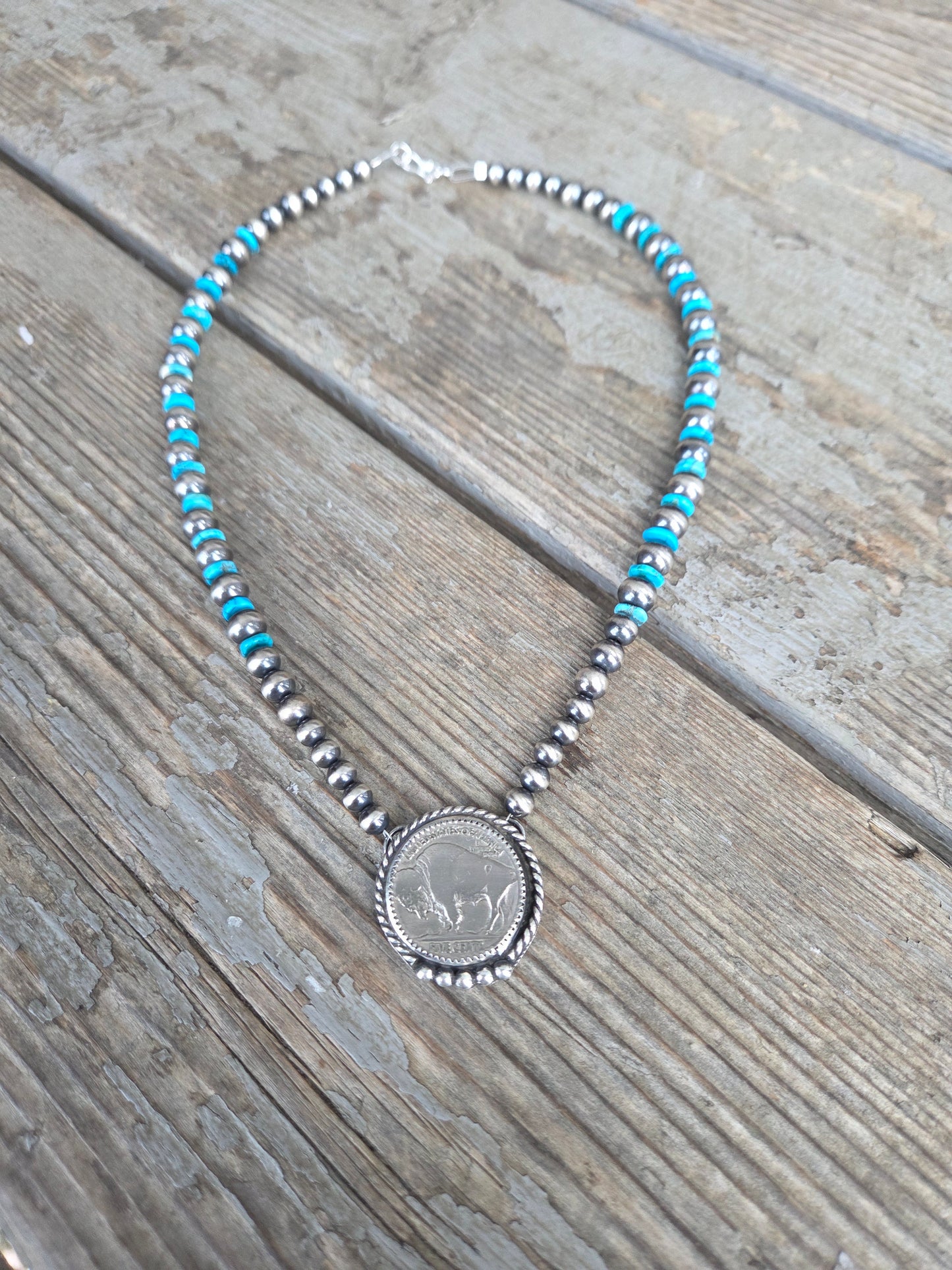 Buffalo Coin•Turquoise • Sterling Silver Navajo Style Pearls