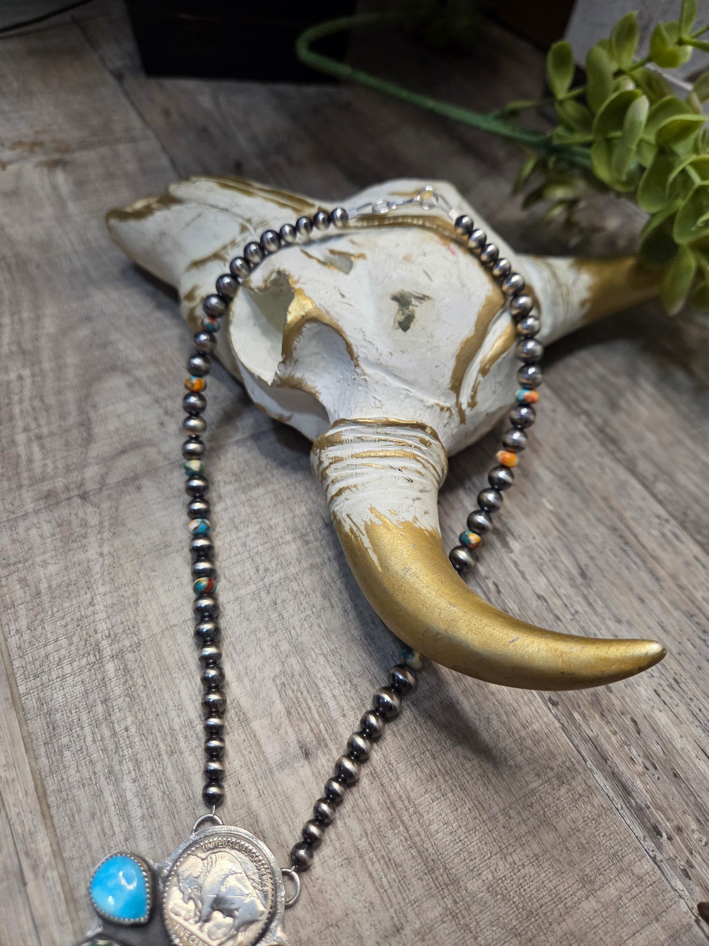 Buffalo Coin• Blue Bird Turquoise • Kingsmen Turquoise • Golden Hills Turquoise. Sterling Pearls & Spiny Oyster Kingsmen