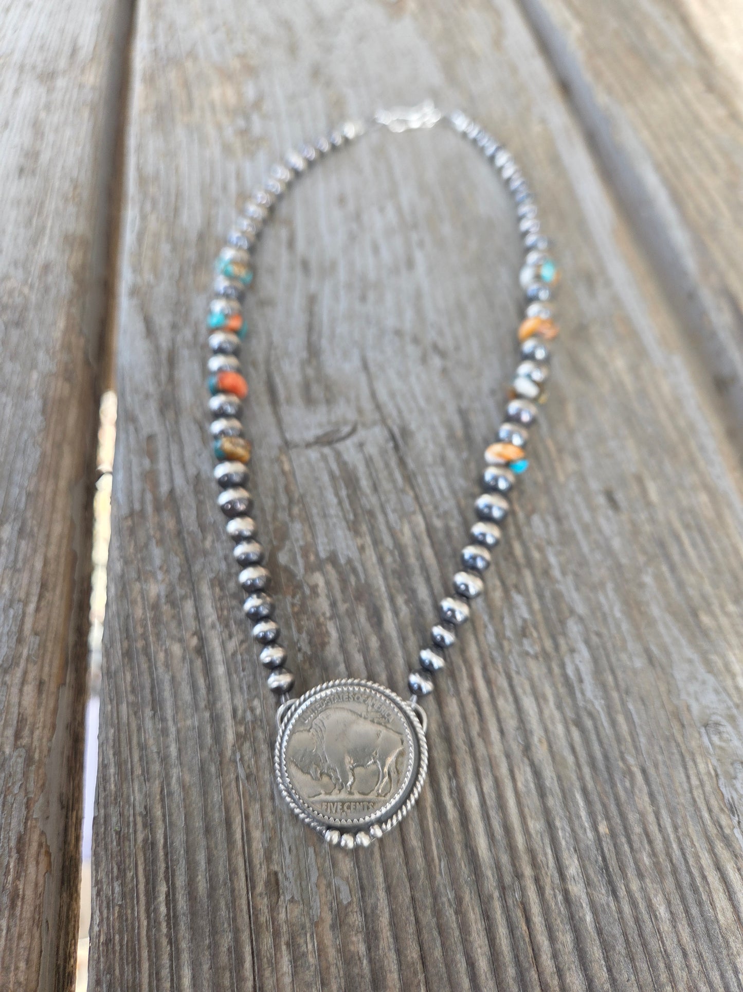 Buffalo Coin• Spiny Oyster Kingsmen Turquoise • Sterling Silver Navajo Style Pearl