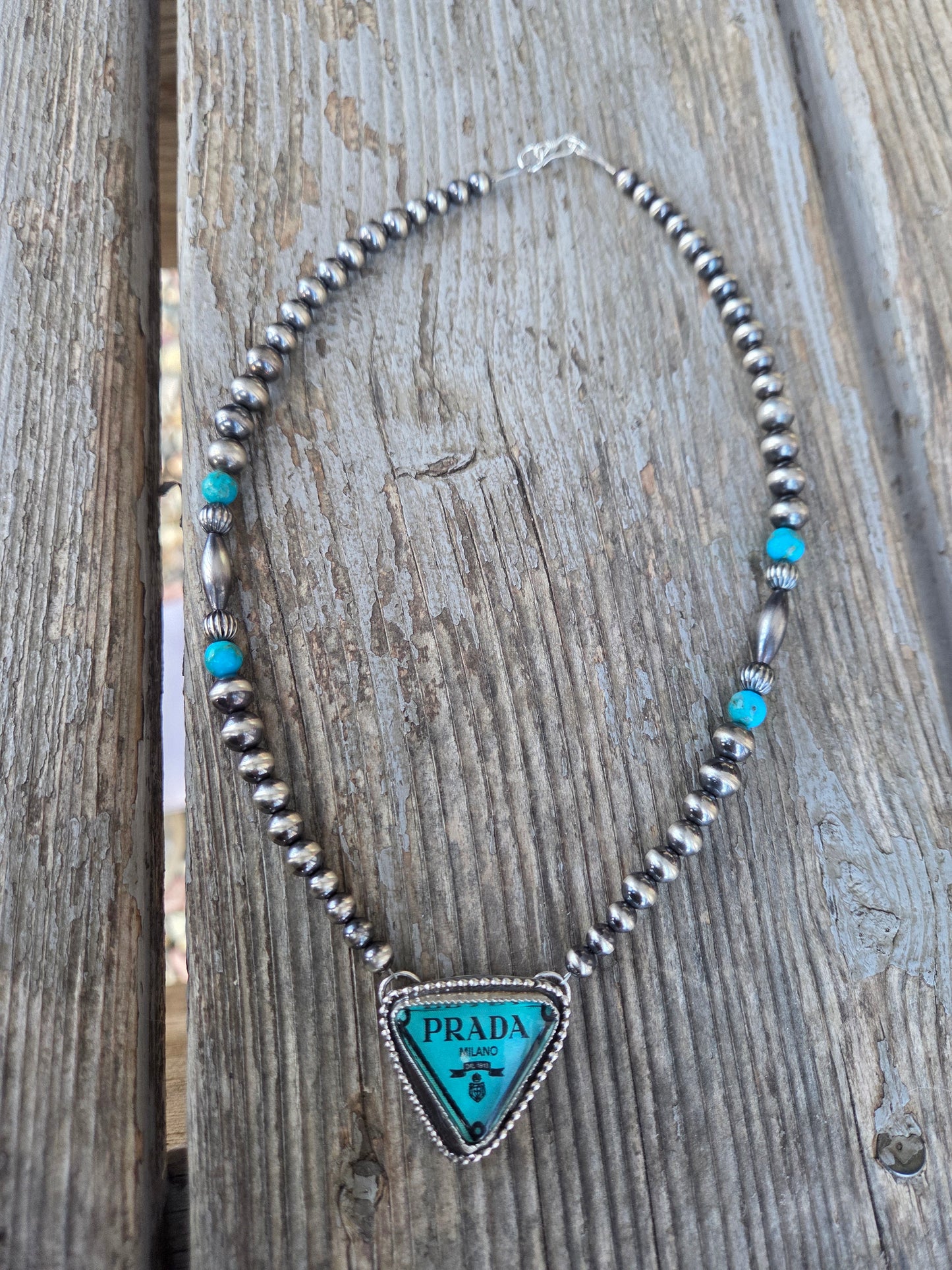 Prada glass Cab• Sterling Silver Pearls with Turquoise beads