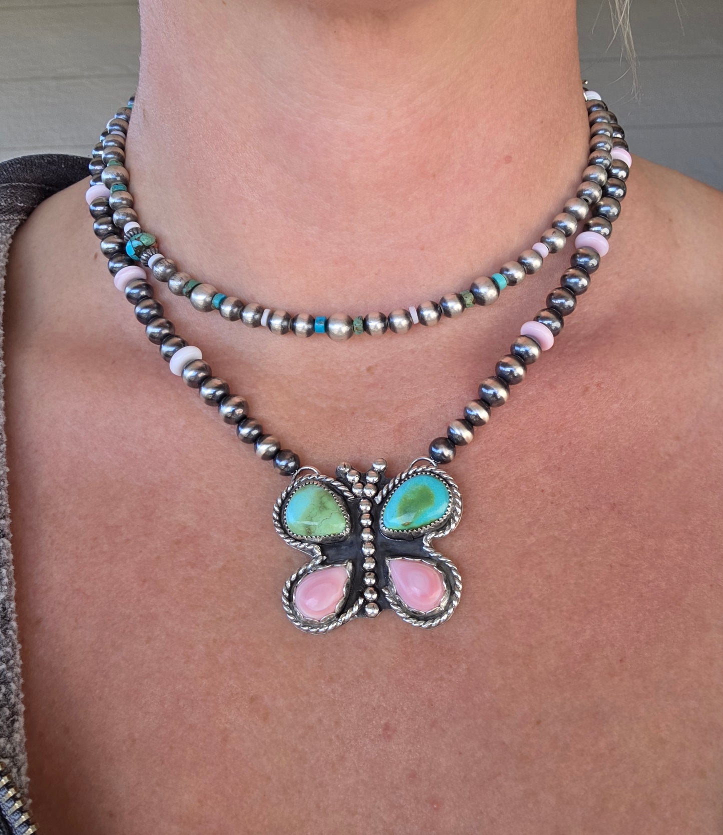 Pink & Sonoran Turquoise. Sterling and Pink Conch Stone beads.  17.5 inches