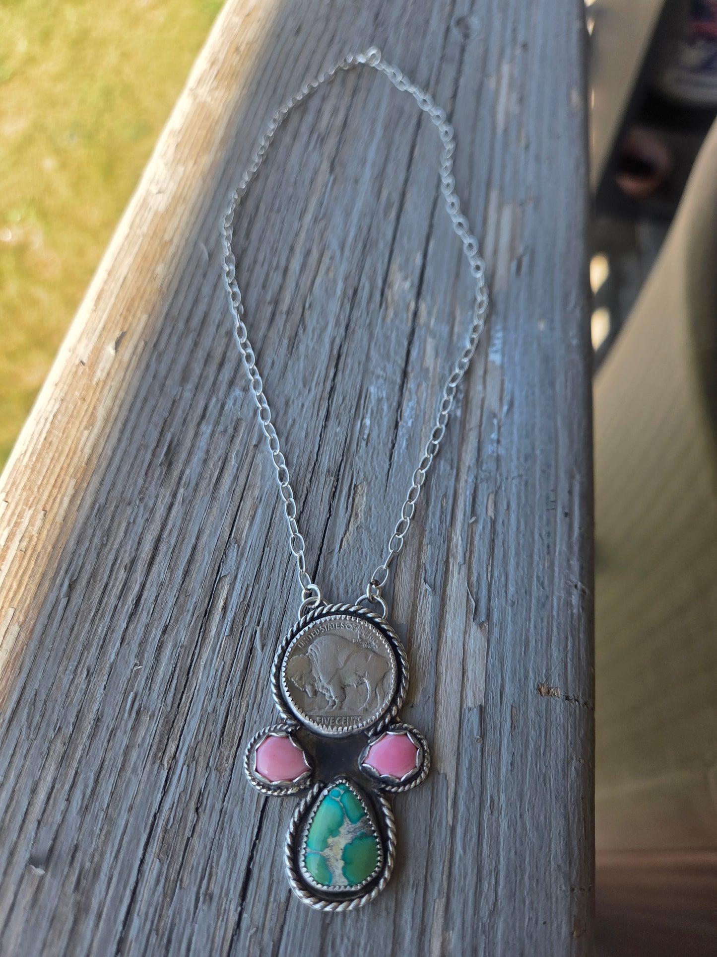 Buffalo Coin, Pink Conch, Emerald Valley Turquoise. 17 inch