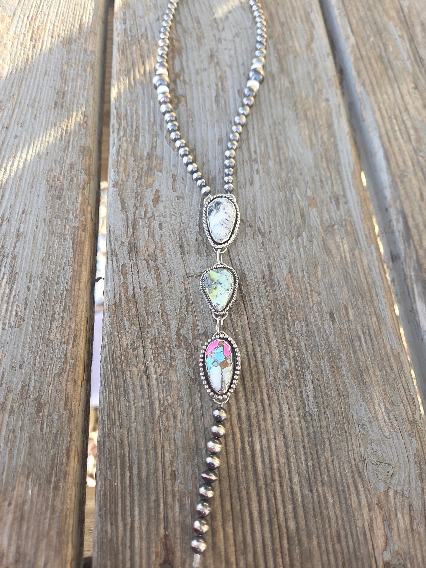 Lariat White Buffalo, Palomino, CottonCandy & Sterling Silver Navajo Style Pearl • 16 inches with 6 inch drop