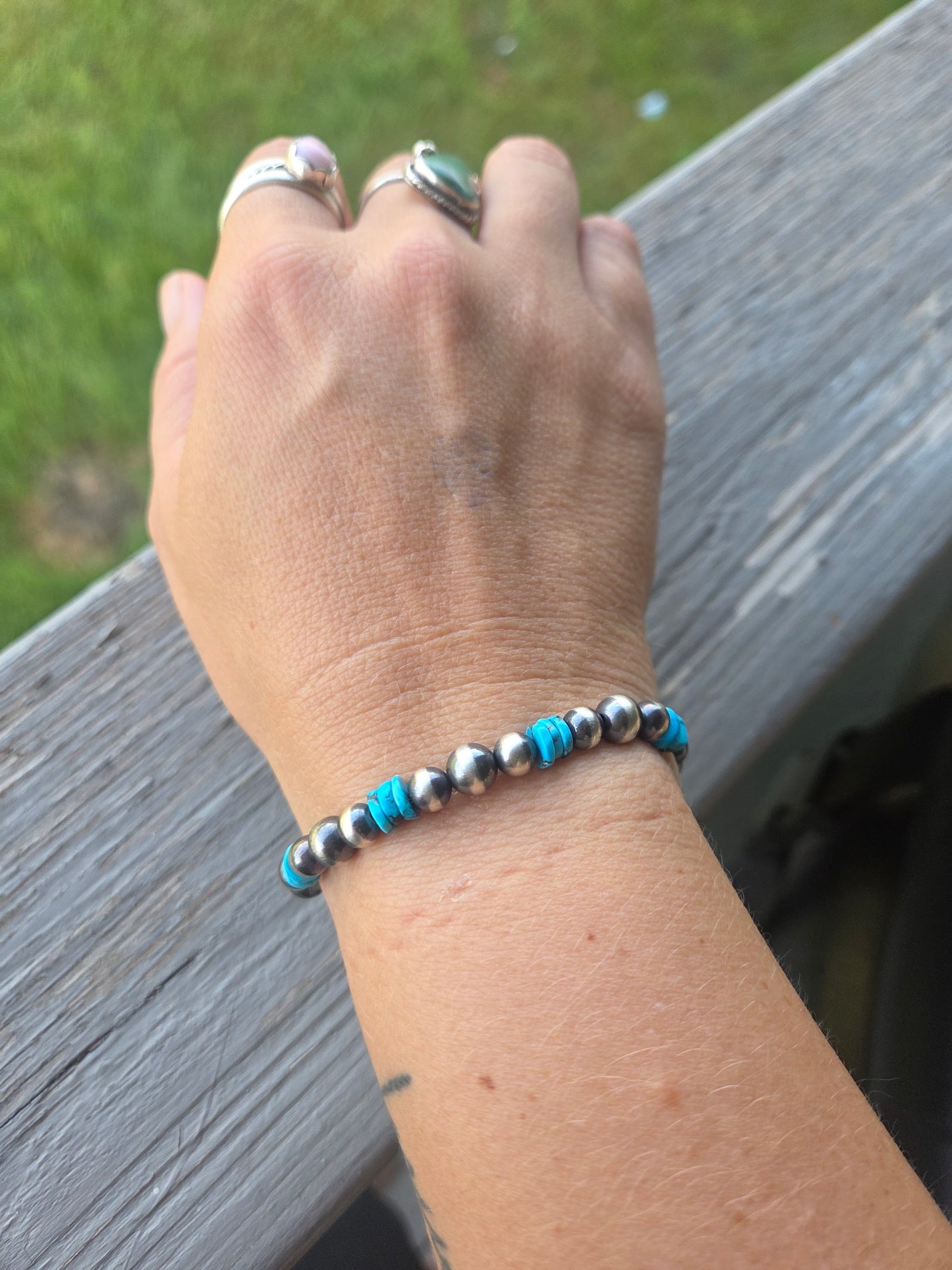 Turquoise & Sterling Silver Navajo Style Pearls.  Stretch Bracelet