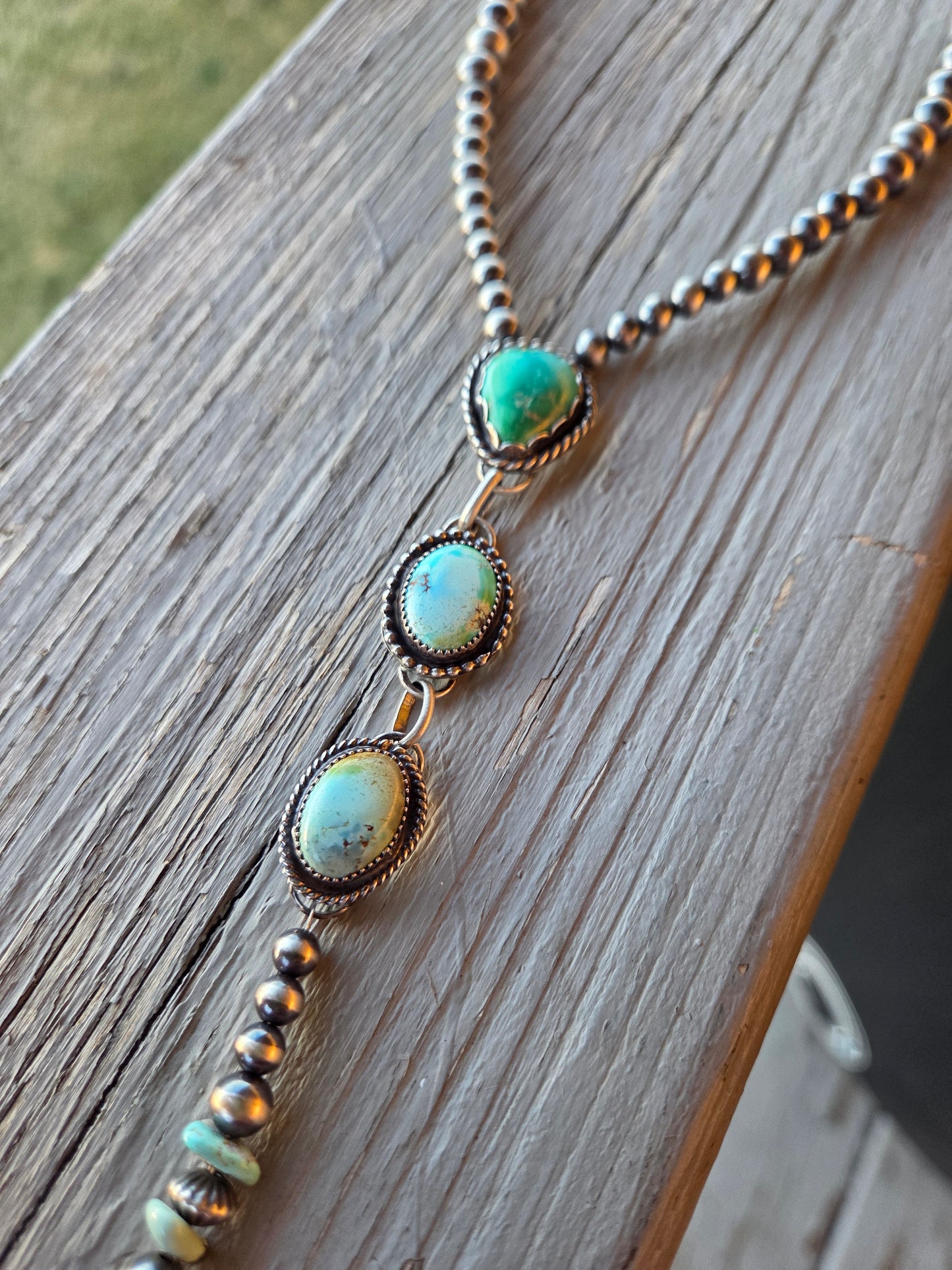 Emerald & Golden Hill Turquoise & Sterling Silver Navajo Style Pearl • 15.5 inches with 5.5 inch drop