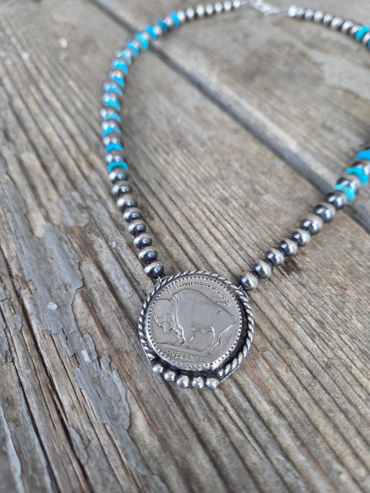 Buffalo Coin•Turquoise • Sterling Silver Navajo Style Pearls