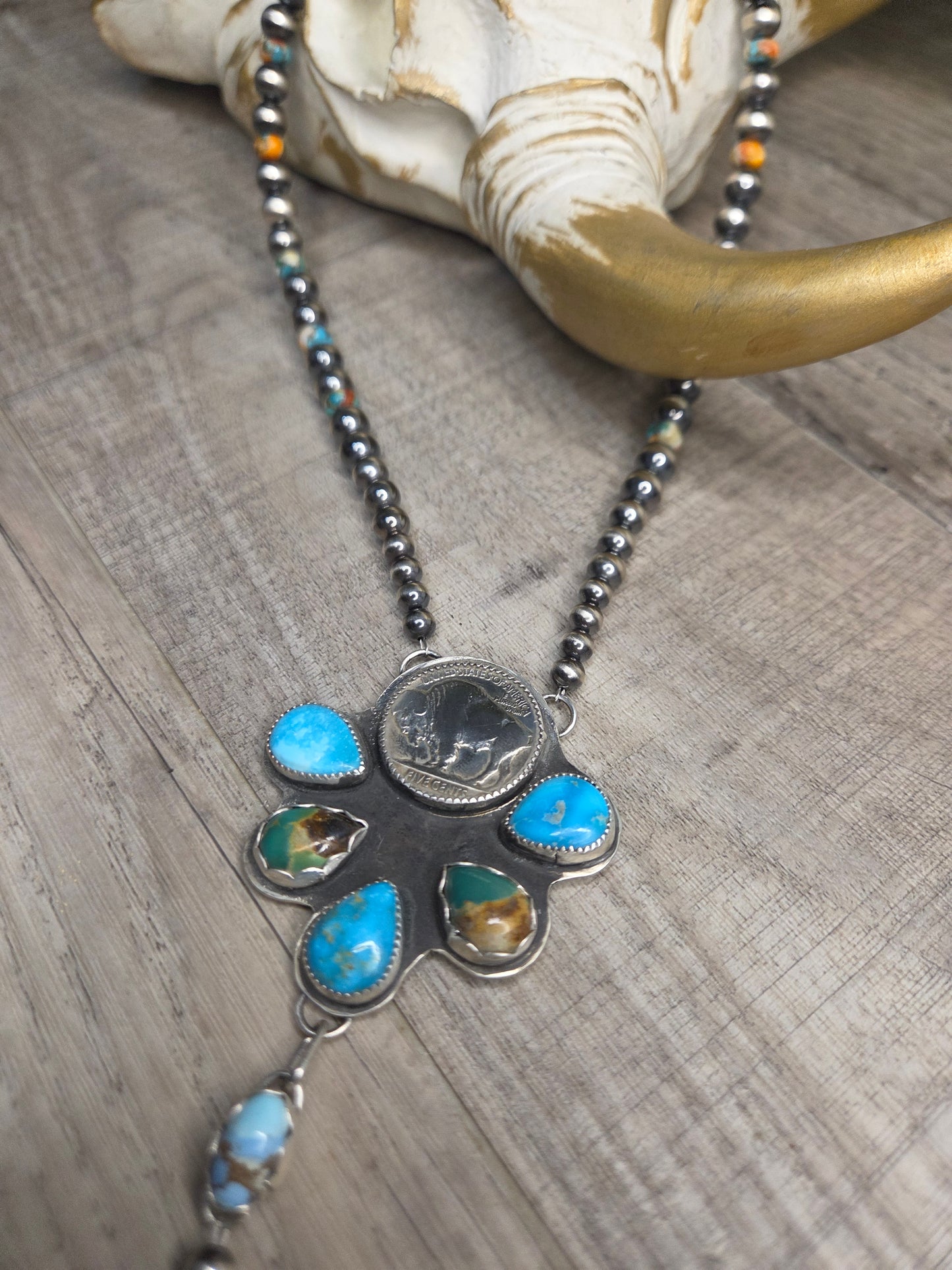 Buffalo Coin• Blue Bird Turquoise • Kingsmen Turquoise • Golden Hills Turquoise. Sterling Pearls & Spiny Oyster Kingsmen