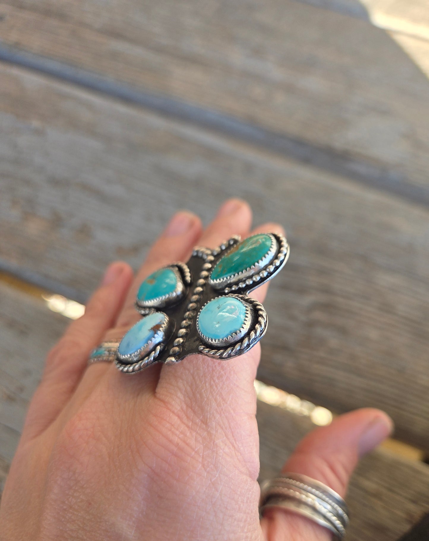 Butterfly Ring Chilean Turquoise & Golden Hill Turquoise Size 7