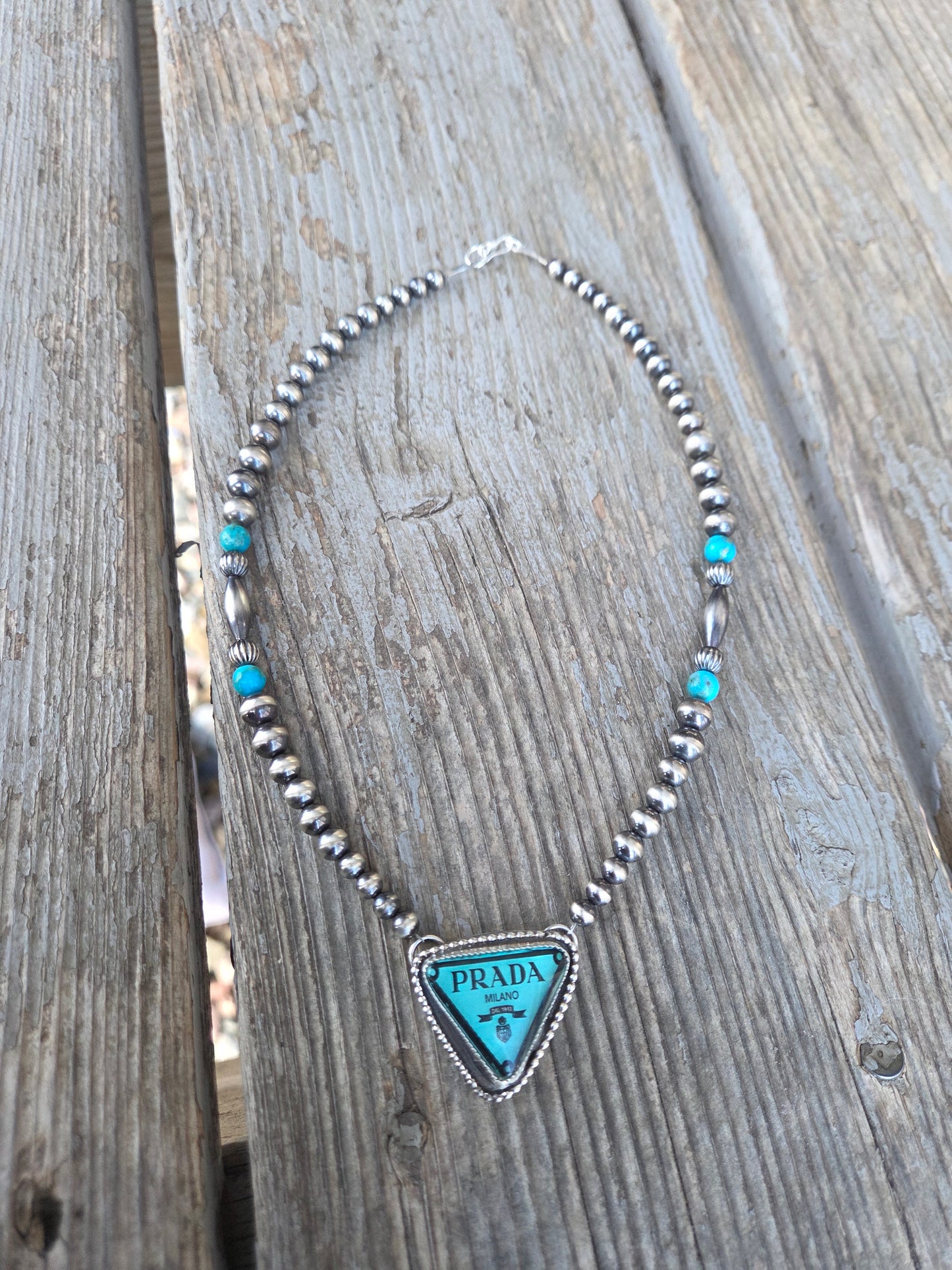 Prada glass Cab• Sterling Silver Pearls with Turquoise beads