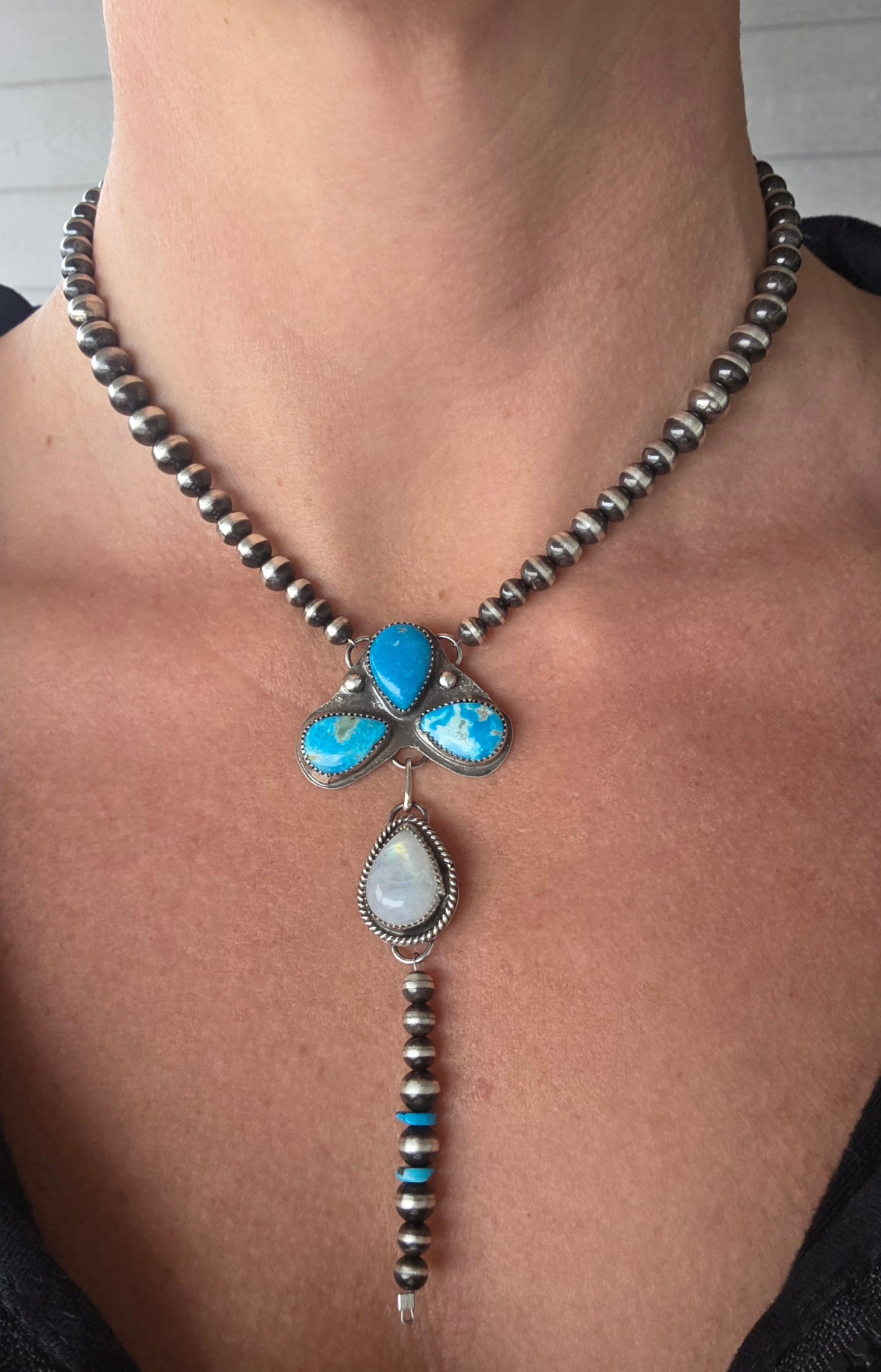 Blue Bird Turquoise & Moonstone Lariat & Sterling Silver Navajo Style Pearls 16 inches