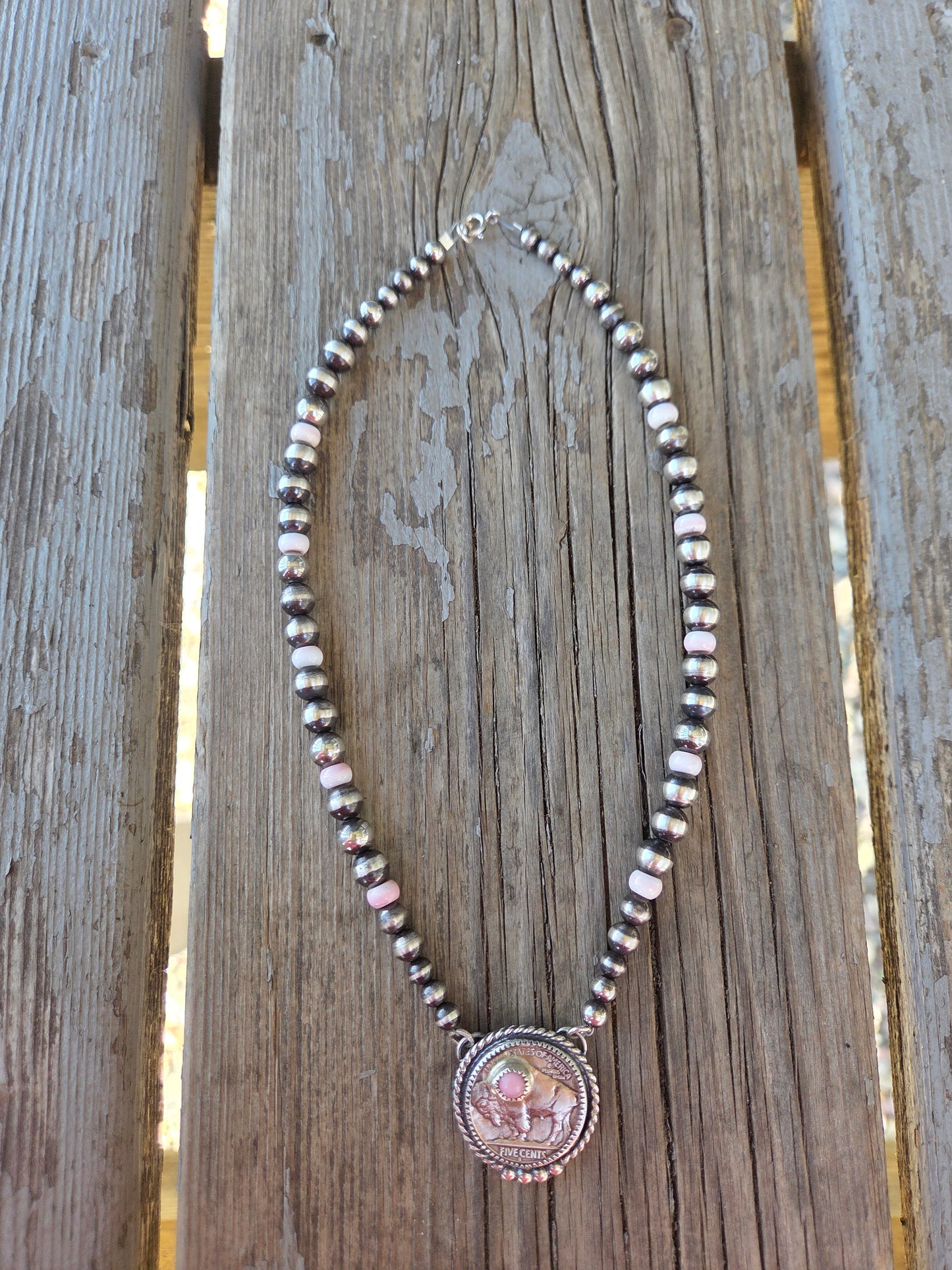 Buffalo Coin  & Pink Conch • Sterling Silver Pearls & Pink Conch Beads
