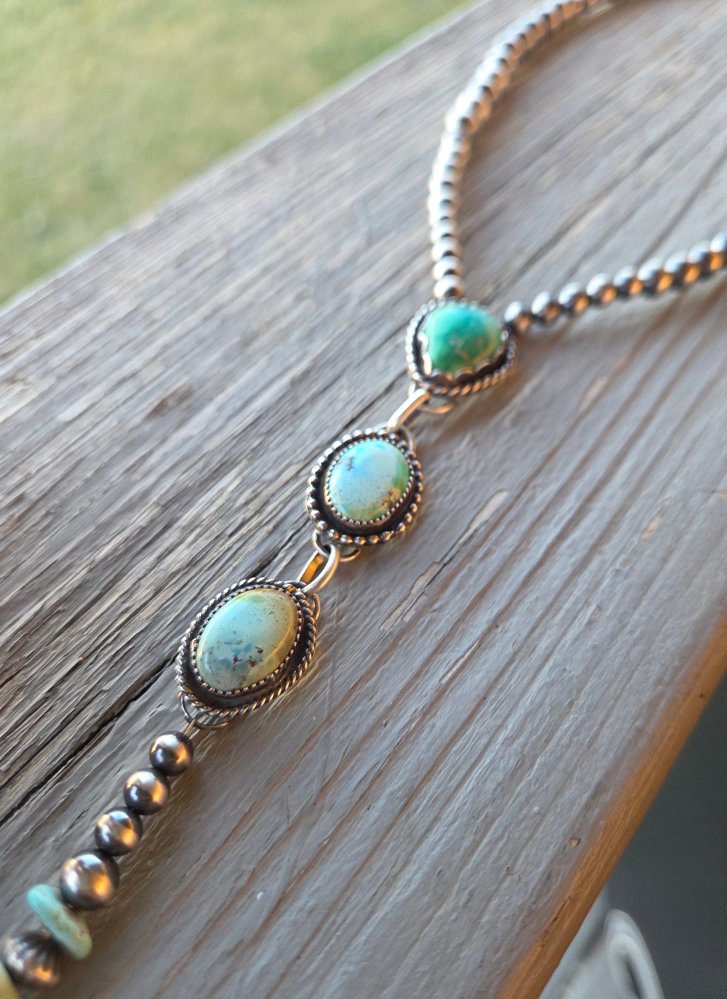 Emerald & Golden Hill Turquoise & Sterling Silver Navajo Style Pearl • 15.5 inches with 5.5 inch drop