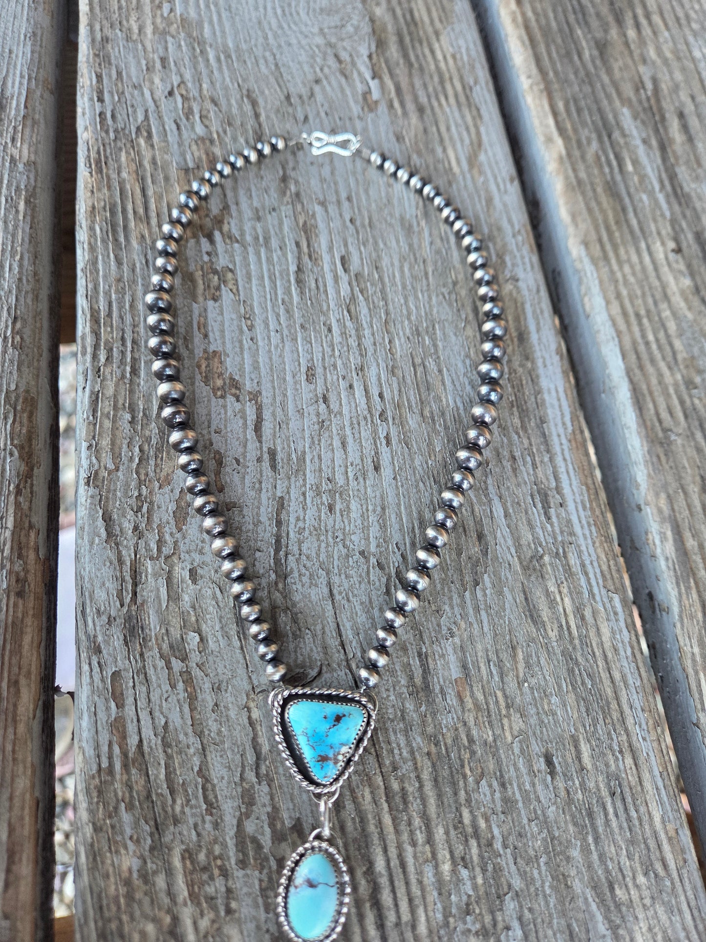 Lariet Golden Hill Turquoise & Sterling Silver Navajo Style Pearl • 16 inches with 6 inch drop