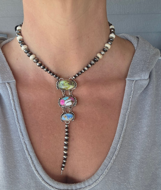 Palomino• Cotton Candy • Golden Hill Turquoise Lariat & Sterling Silver Navajo Style Pearls & Wild Horse Beads 16 inches