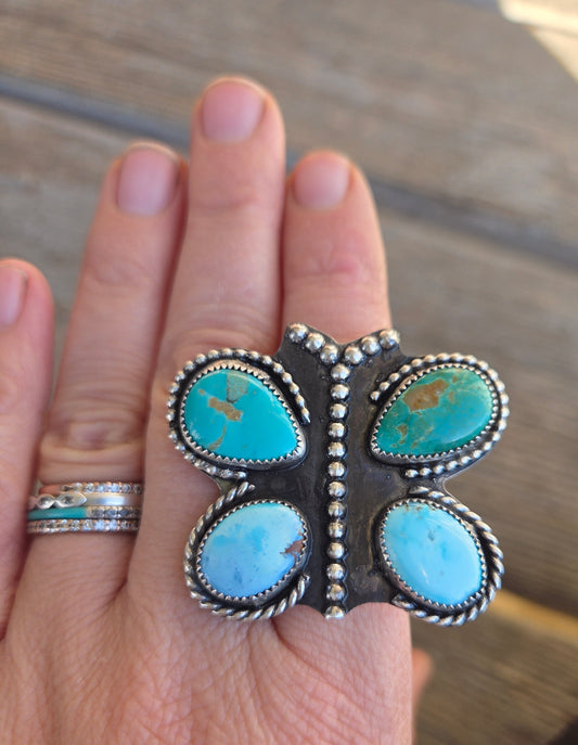 Butterfly Ring Chilean Turquoise & Golden Hill Turquoise Size 7