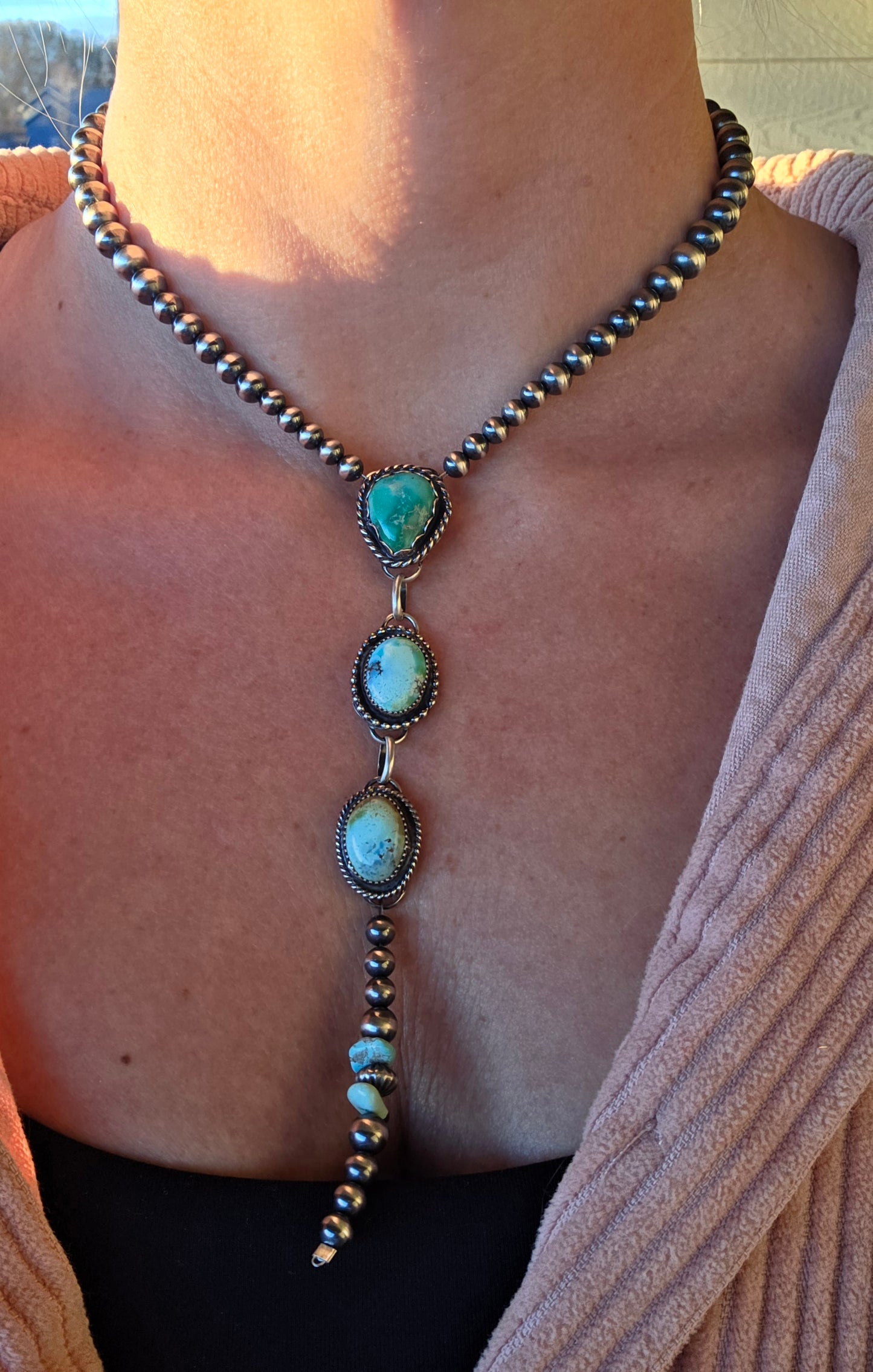 Emerald & Golden Hill Turquoise & Sterling Silver Navajo Style Pearl • 15.5 inches with 5.5 inch drop