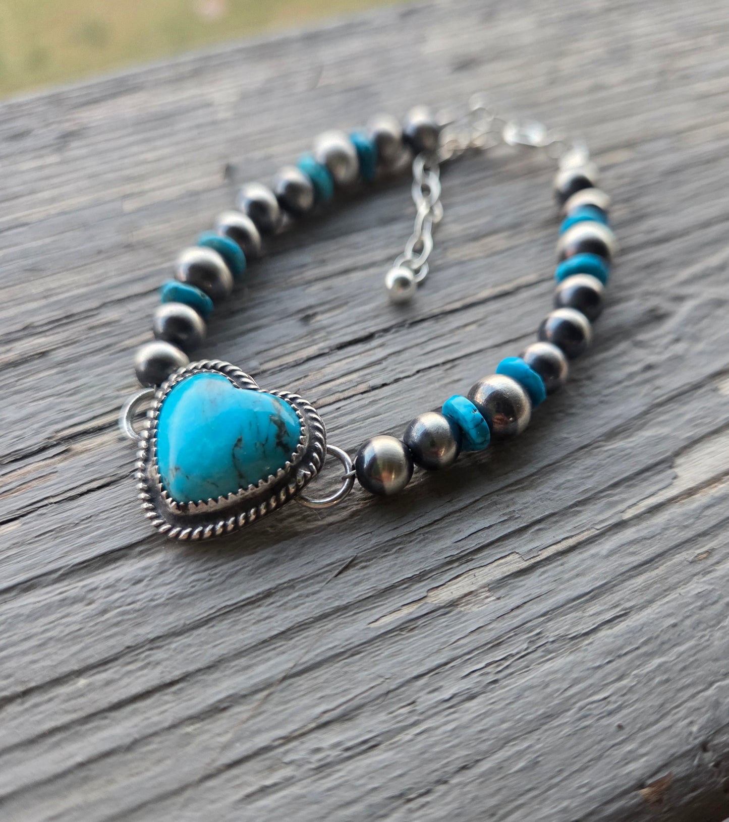 Kingsmen Heart •Sterling Silver Navajo Style Pearl • Turquoise Sterling Silver Adjustable clasp.  fits size 6.25-8