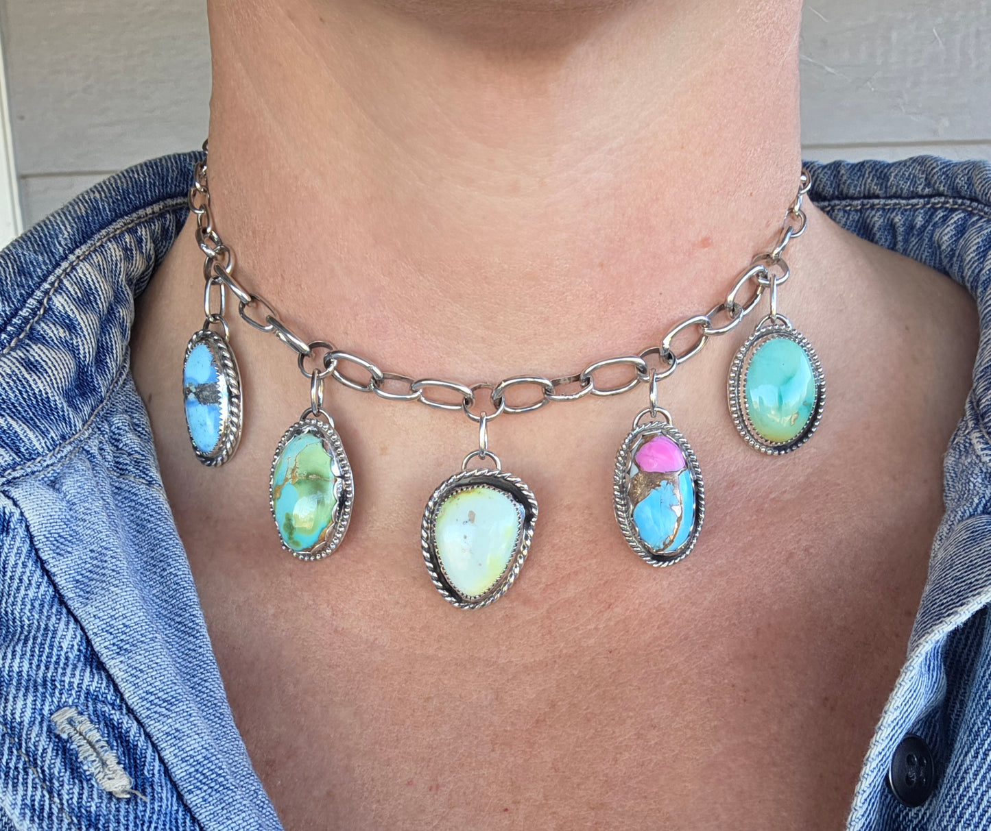 Golden Hill, Palomino, Sonoran Mountain, Cotton Candy, Emerald Valley Turquoise •Handmade Chain Link Choker Charm• Adjustable up to 16 inches