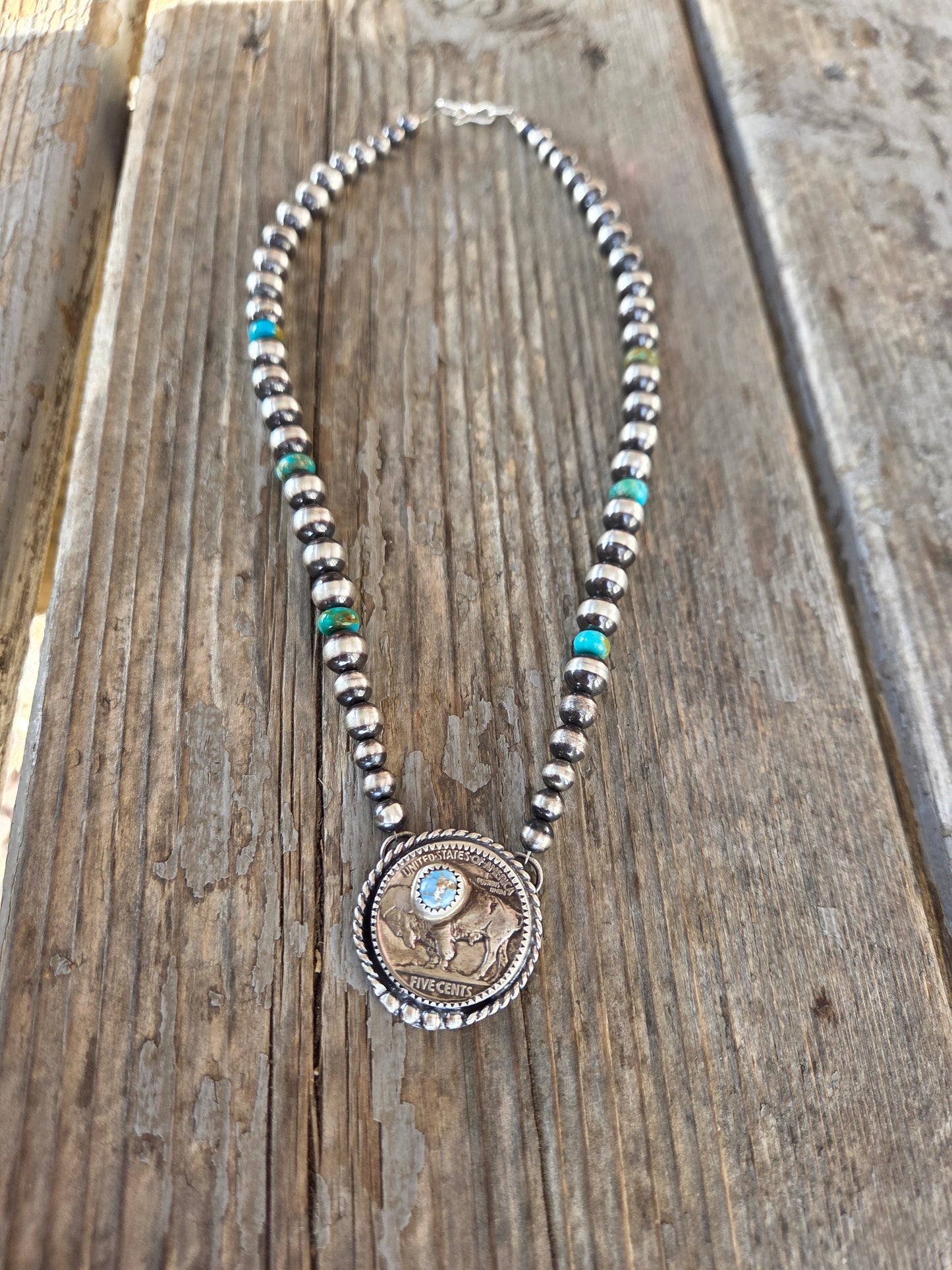 Buffalo Coin  & Golden Hills Turquoise • Sterling Silver Pearls • Kingsmen Beads