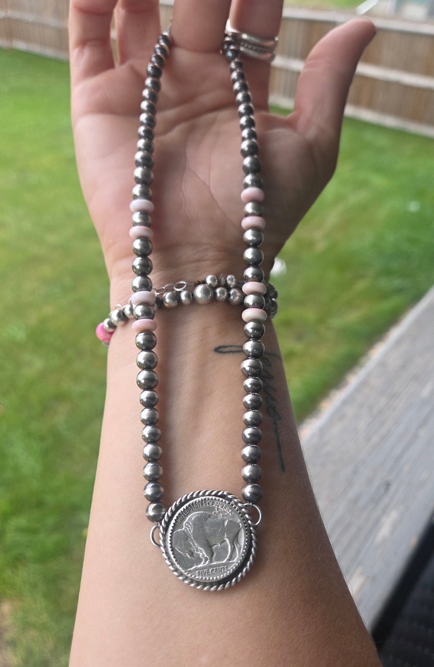 Buffalo Coin • Pink Conch • Sterling Silver Navajo Style Pearl