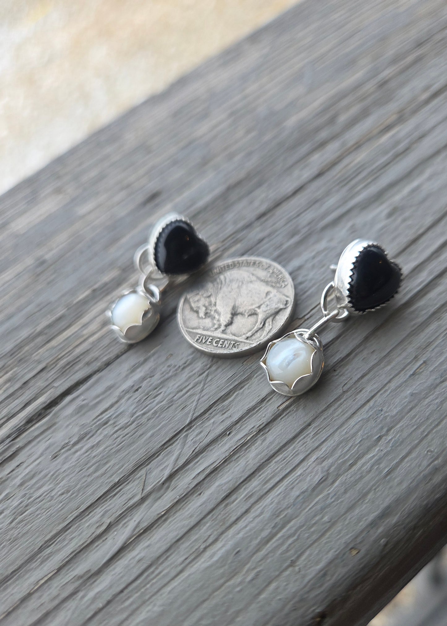 Black Onyx Heart & Mother of Pearl Earrings