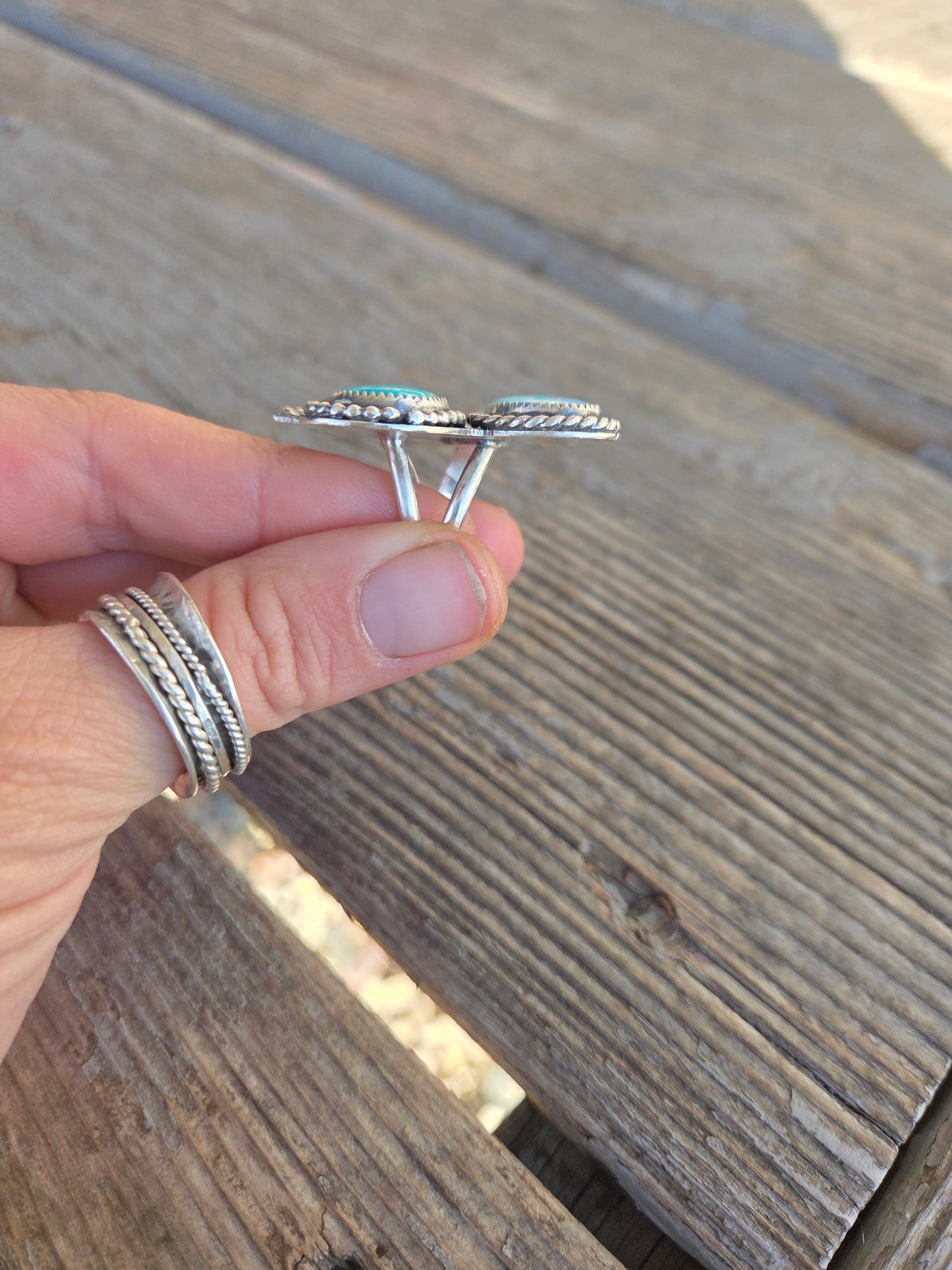 Butterfly Ring Chilean Turquoise & Golden Hill Turquoise Size 7