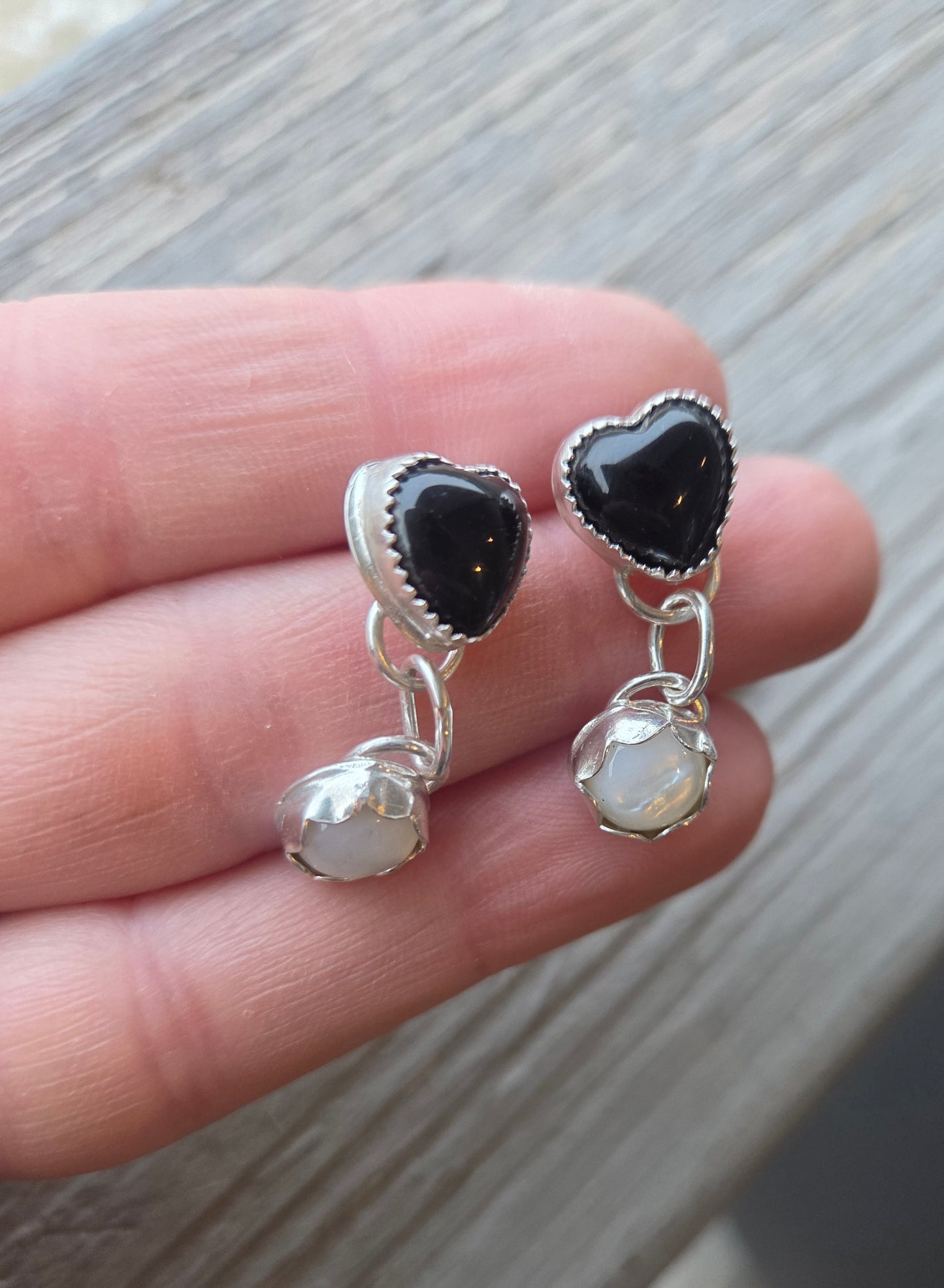 Black Onyx Heart & Mother of Pearl Earrings