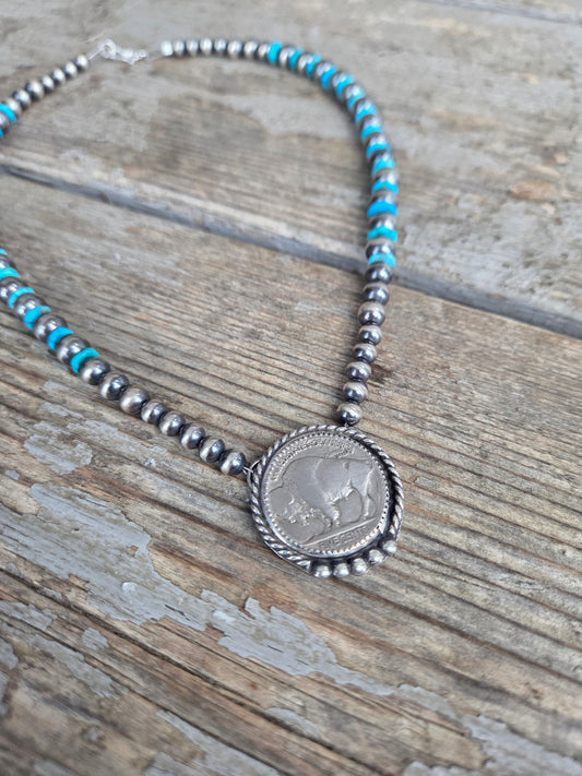 Buffalo Coin•Turquoise • Sterling Silver Navajo Style Pearls