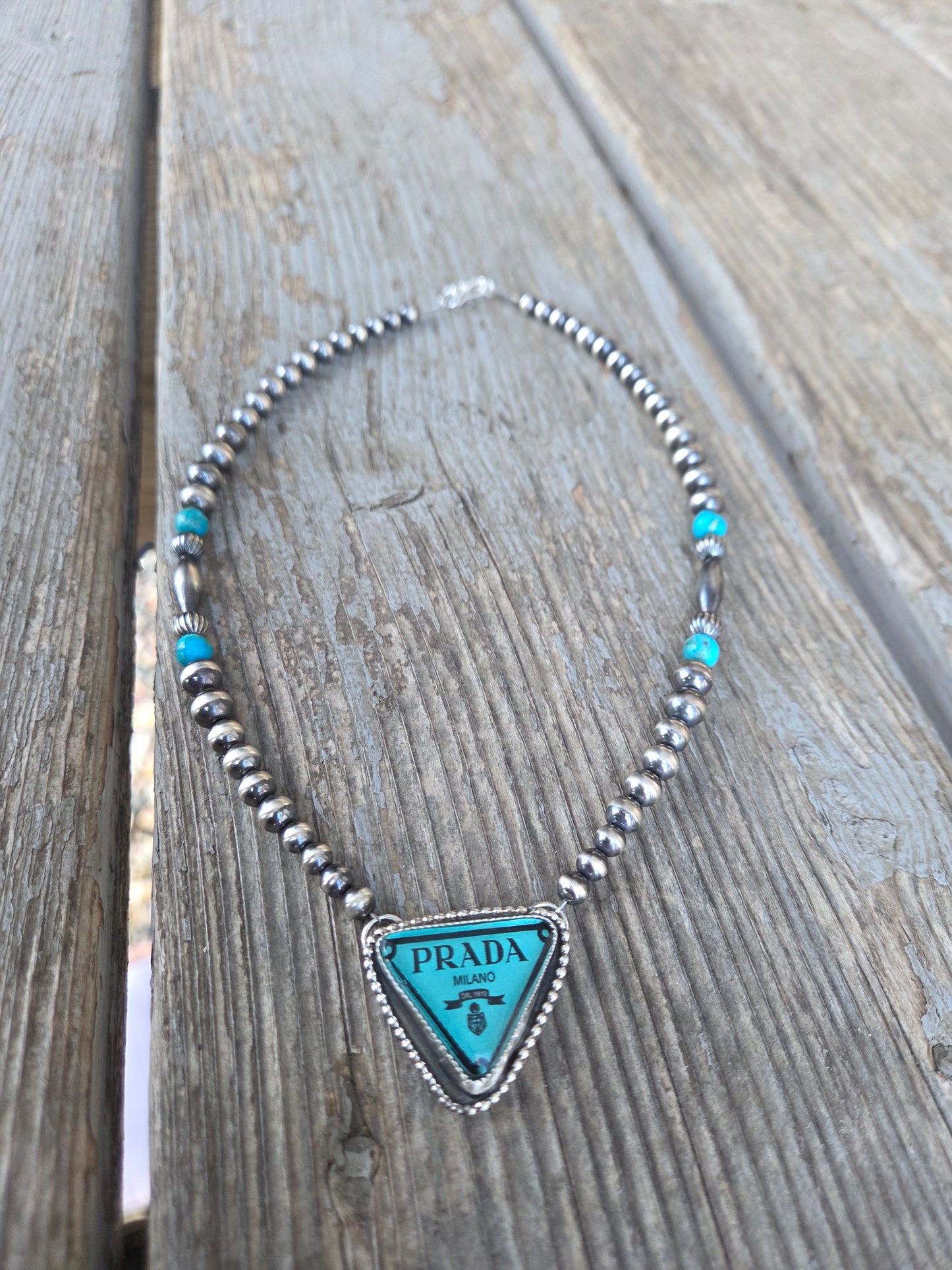 Prada glass Cab• Sterling Silver Pearls with Turquoise beads