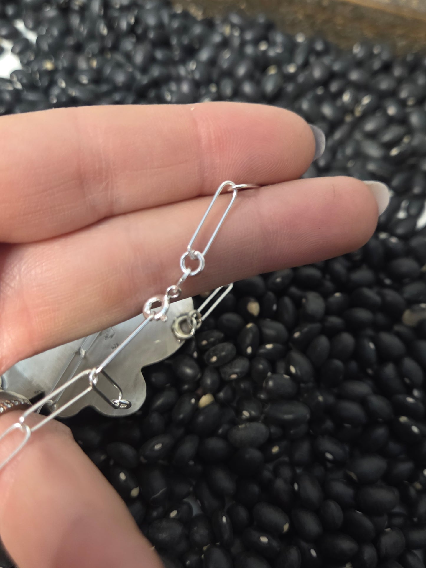 Buffalo Coin•Pink Spiny• Kingsmen Turquoise • Pink Conch with sterling pearls. 18 inches-adjustable chain