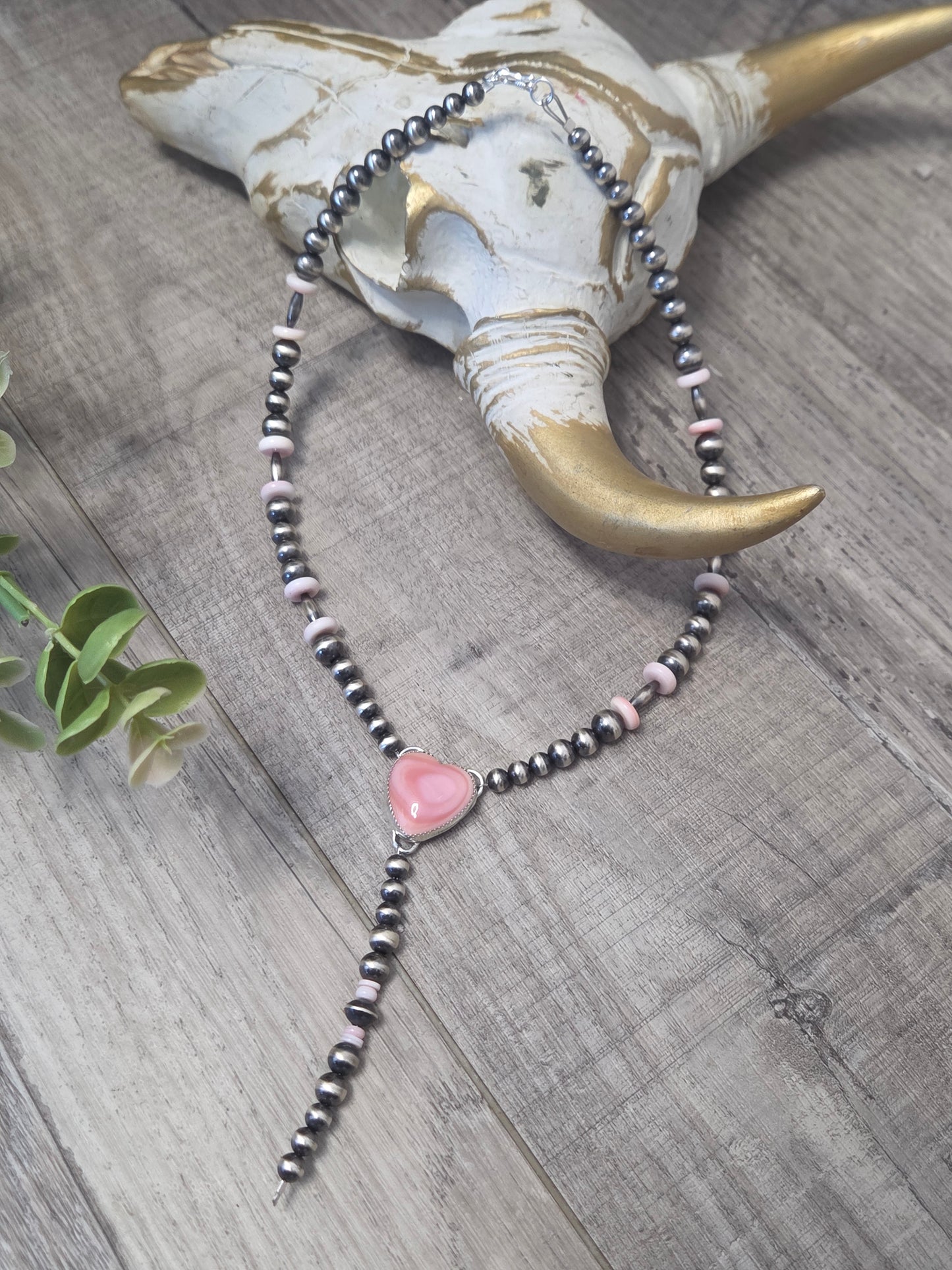 Pink Conch Lariat & Sterling Silver Navajo Style Pearls 16.5 inches