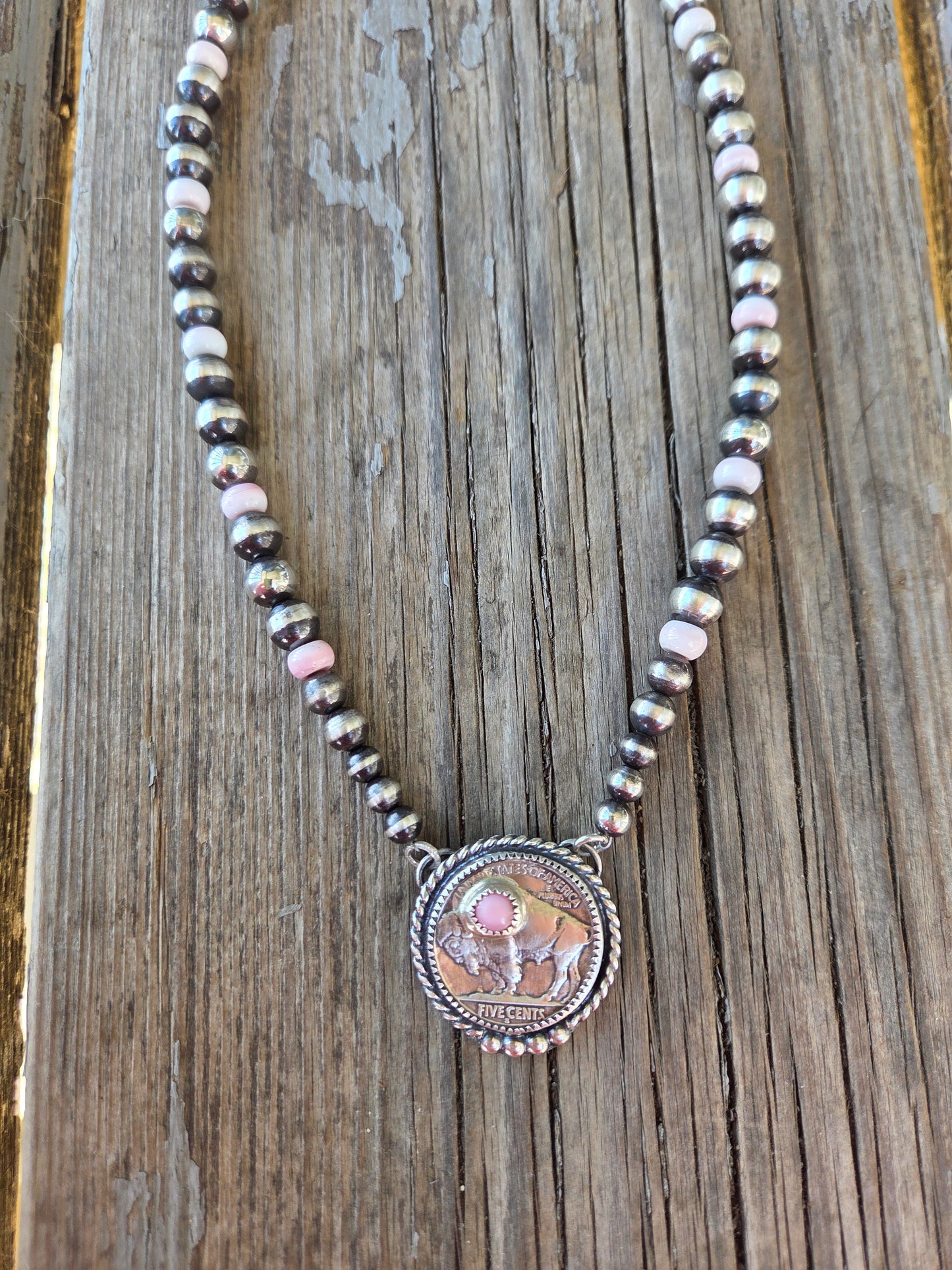 Buffalo Coin  & Pink Conch • Sterling Silver Pearls & Pink Conch Beads