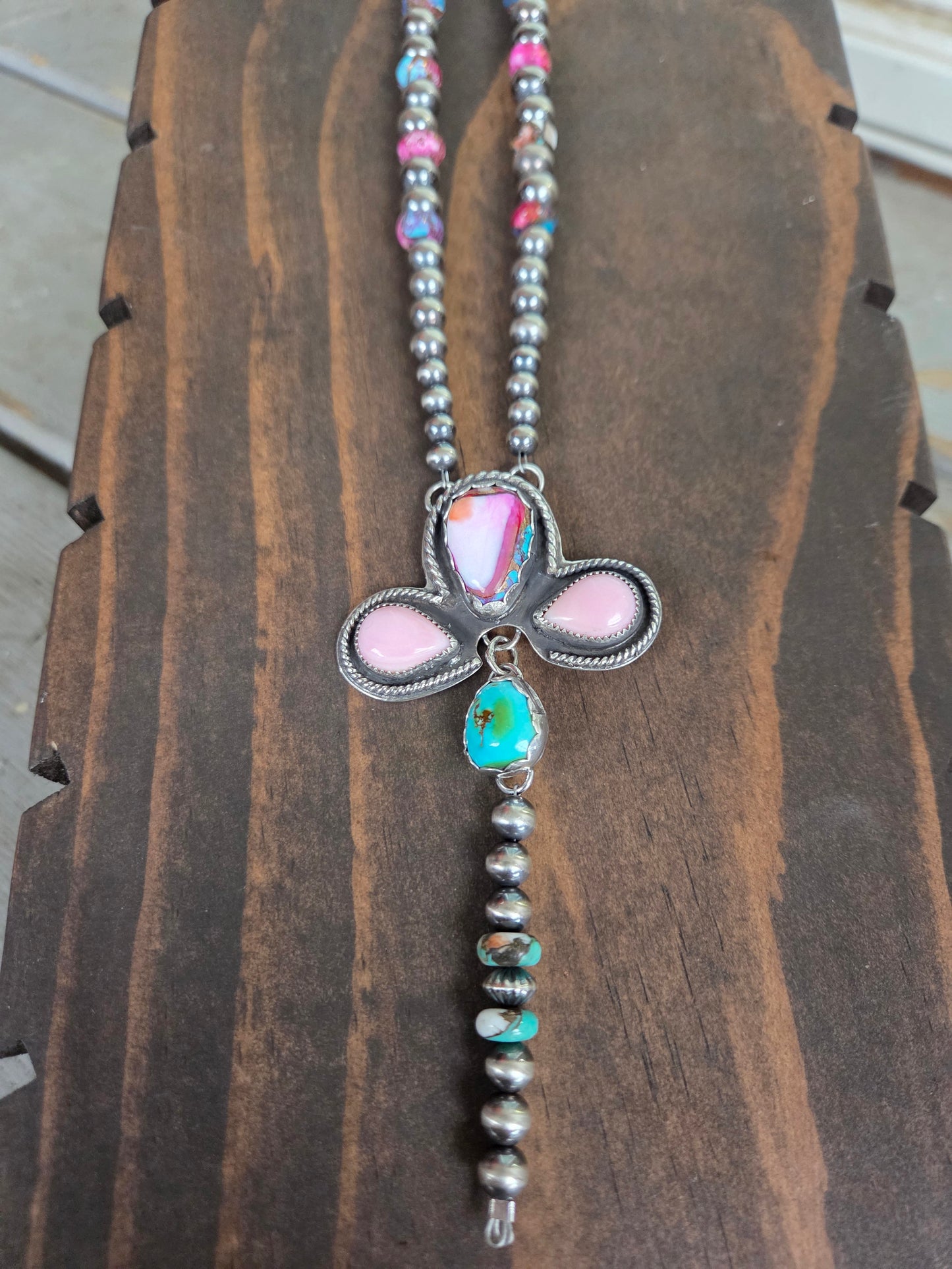 Pink Spiny• Pink Conch • Sonoran Mountain • Sterling Pearls• Purple & Orange Spiny beads.5 inches with 6 inch drop