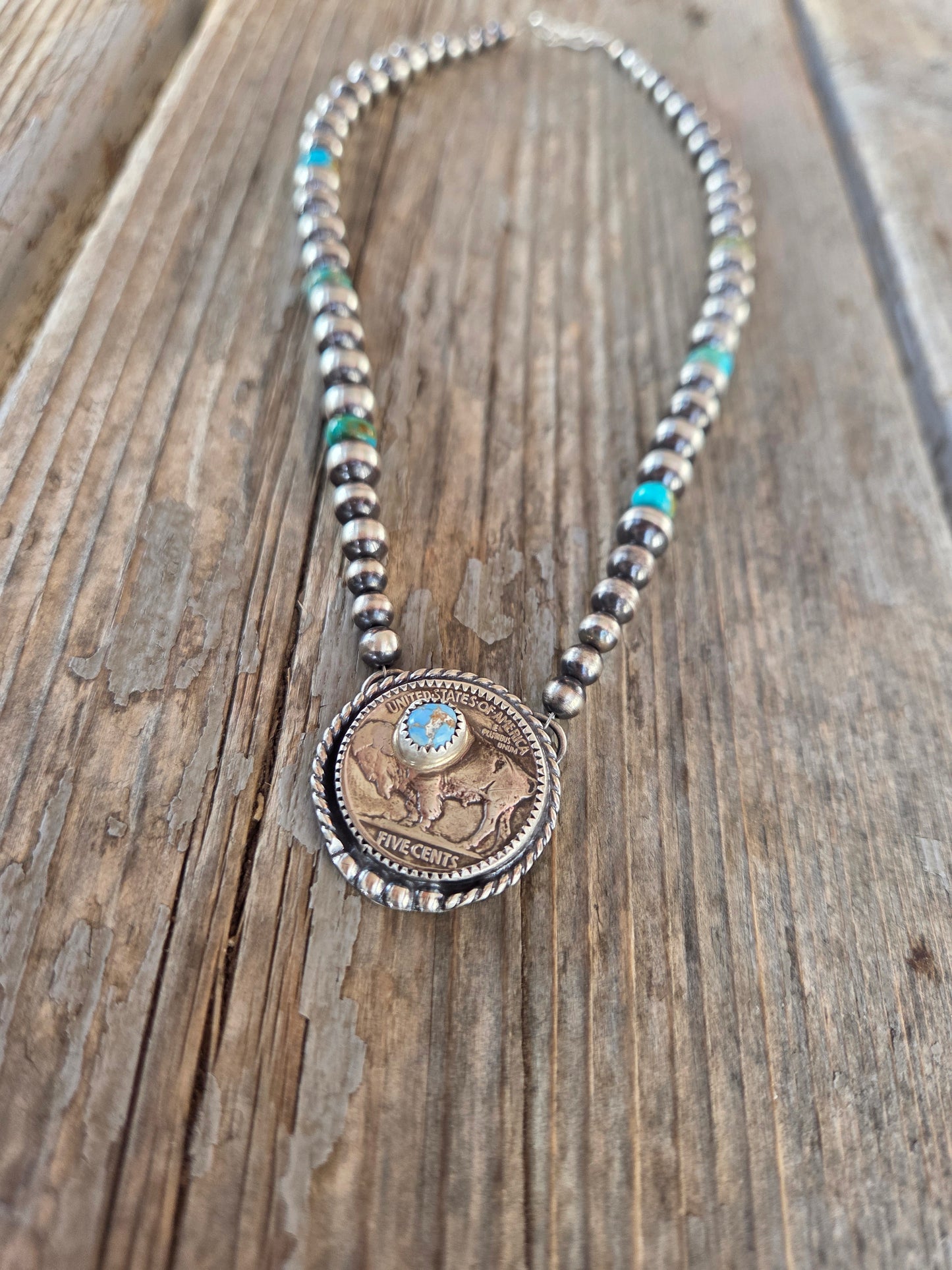 Buffalo Coin  & Golden Hills Turquoise • Sterling Silver Pearls • Kingsmen Beads