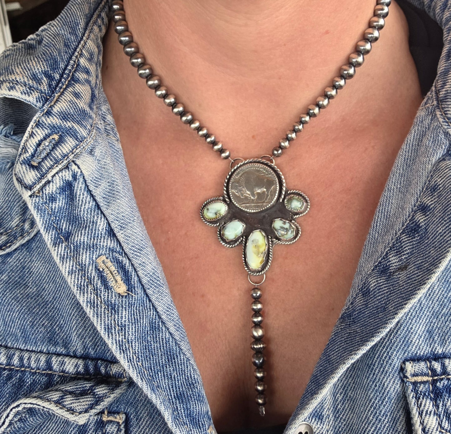 Buffalo Coin• Palomino & Sterling Silver Navajo Style Pearls. 16 inches