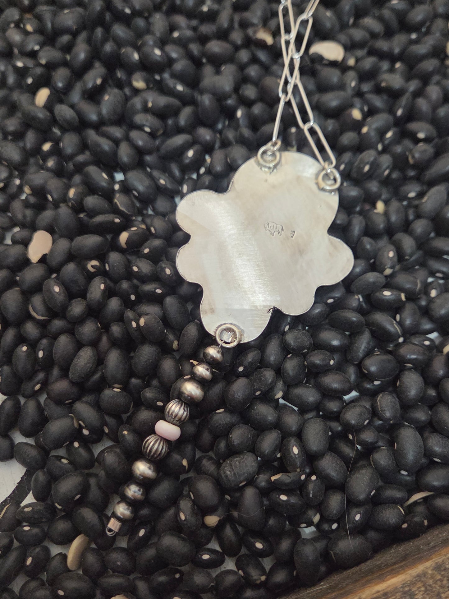 Buffalo Coin•Pink Spiny• Kingsmen Turquoise • Pink Conch with sterling pearls. 18 inches-adjustable chain