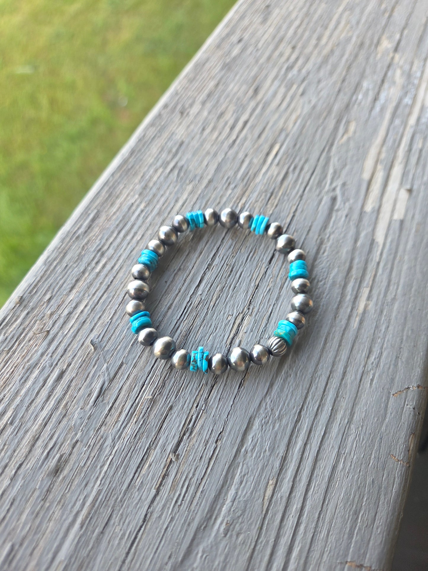 Turquoise & Sterling Silver Navajo Style Pearls.  Stretch Bracelet